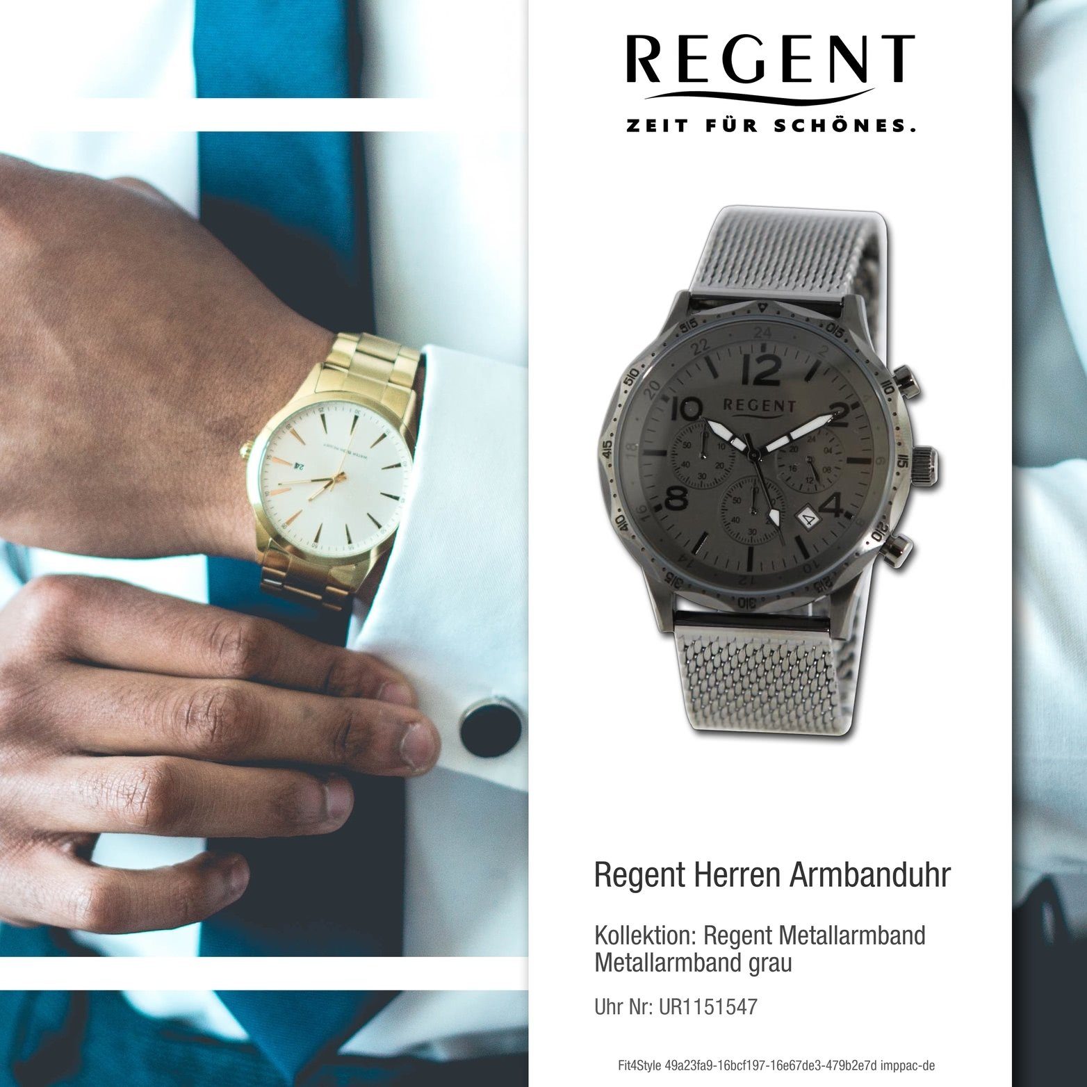 Herren Analog, grau, Regent Regent Herrenuhr extra Armbanduhr 44mm) Gehäuse, rundes Quarzuhr groß (ca. Metallarmband