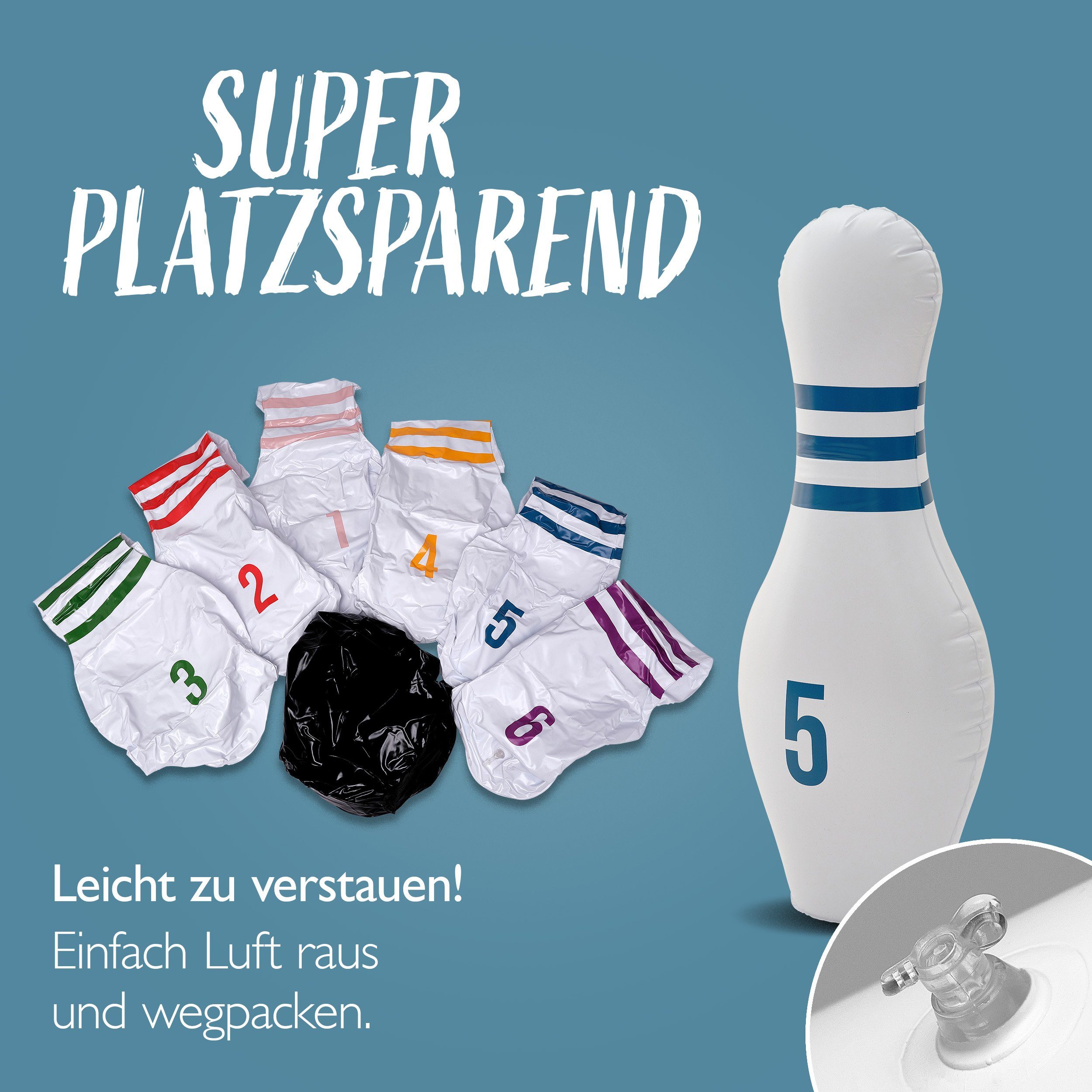 Ocean5 Spiel XXL Bowling-Spiel Aufblasbares Kegeln-Set, Familienspiel, für Kinder - 1 Ball mit 6 Pins
