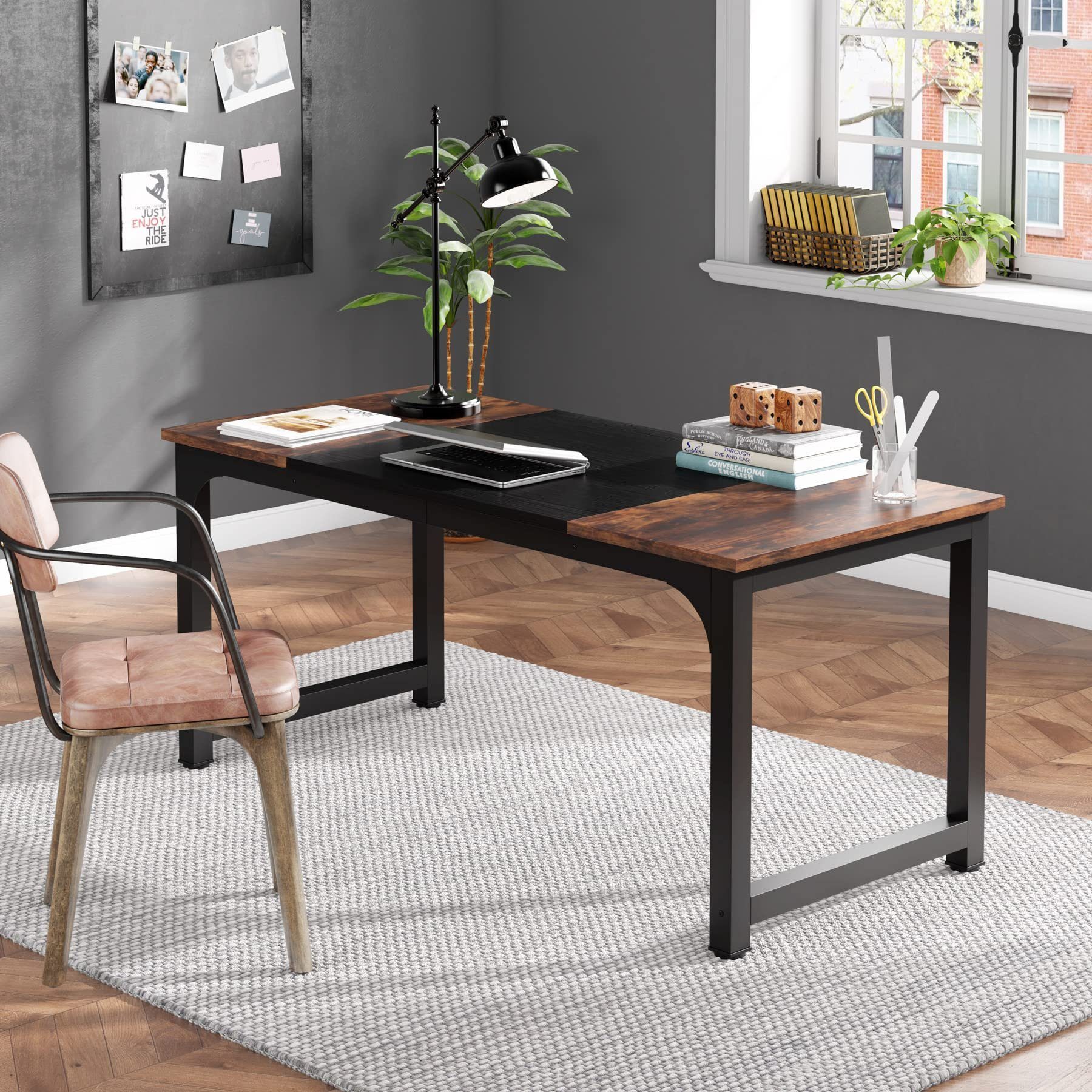 Tribesigns Schreibtisch 160/180x80 cm, großer Industrial Computertisch für Homeoffice (Rustikales Braun/Schwarz/Grau/Weiß), PC Tisch Bürotisch Arbeitstisch für  – Bild 5 von 5