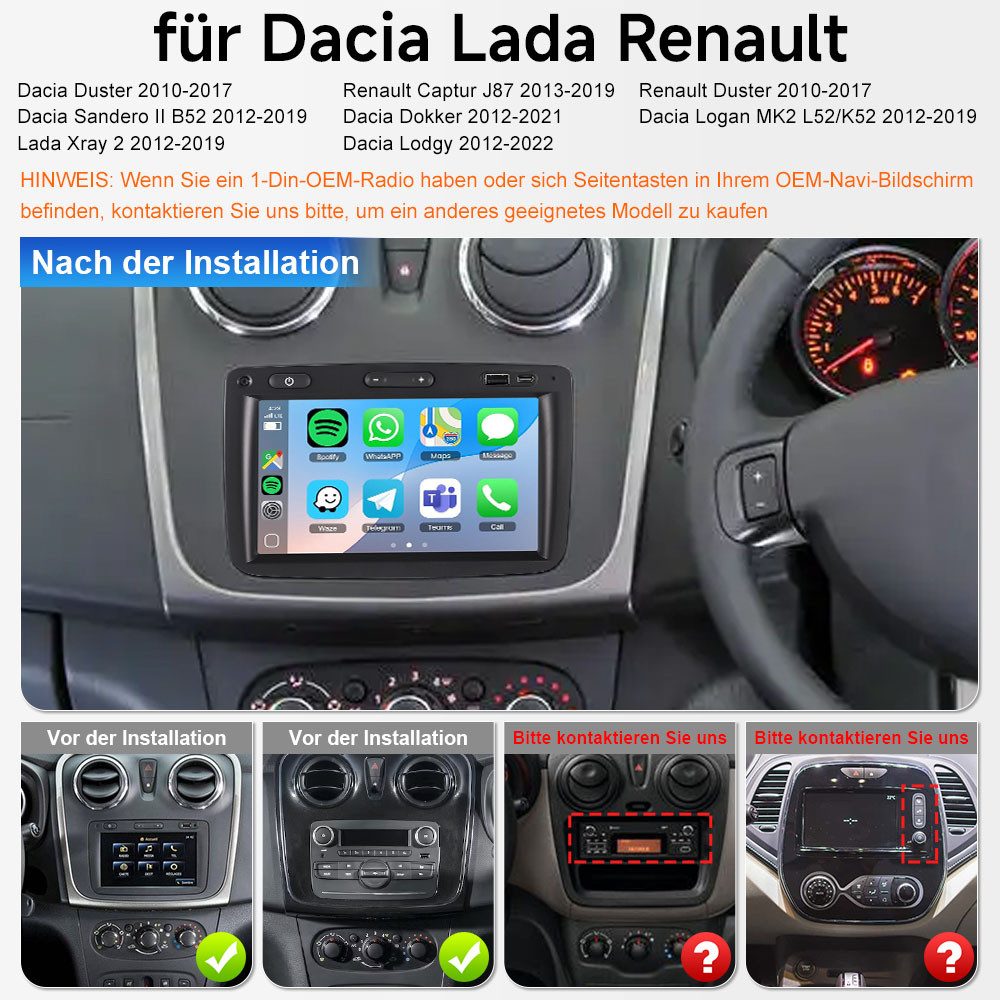 A-Sure 7" 4G+64G Android 15 CarPlay Für Renault Dacia Duster Sandero Captur Autoradio (Digitalradio (DAB)