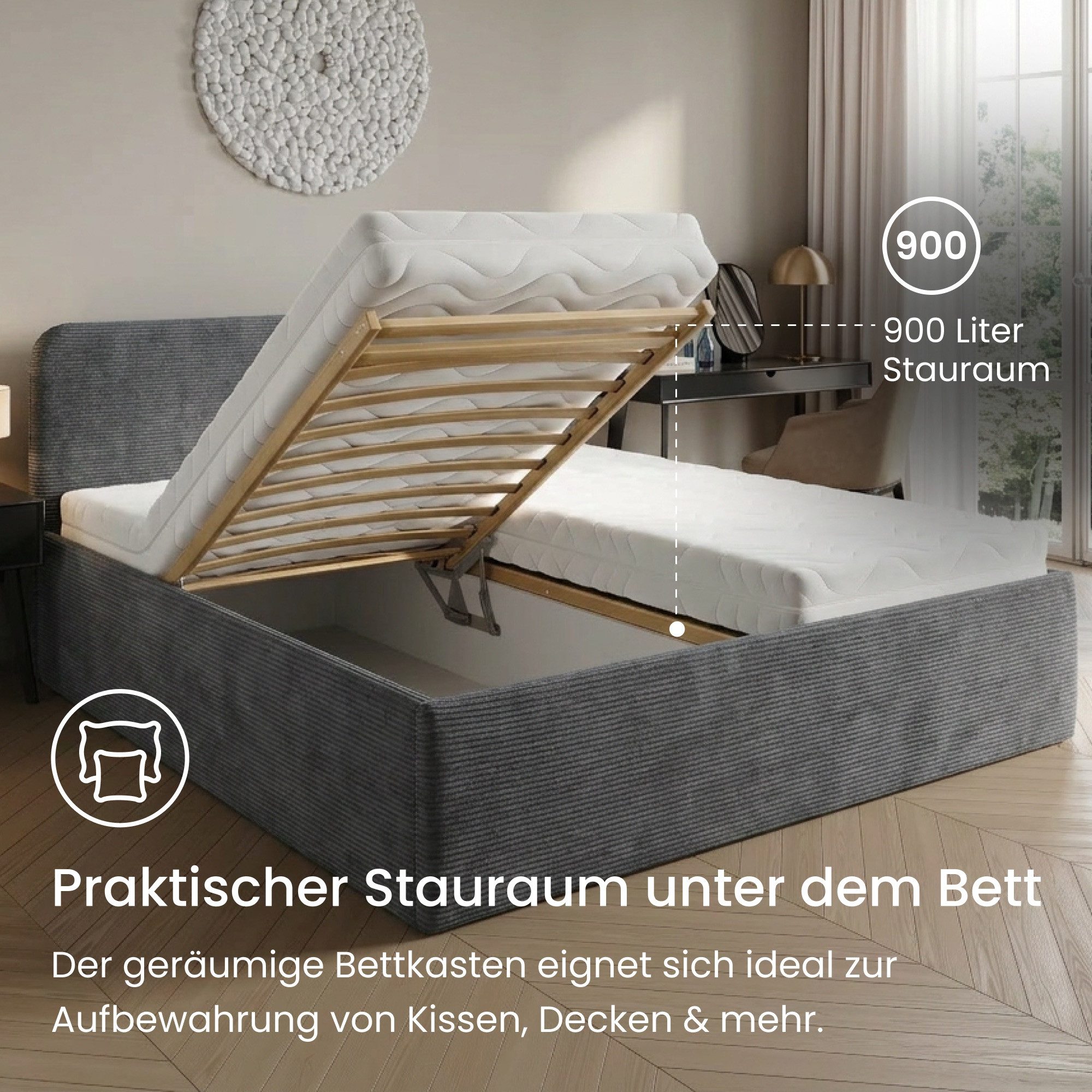 Home Collective Polsterbett Bett mit Stauraum, verstellbarem Lattenrost, viele Größen (Größen: 100x200 120x200 140x200 160x200 180x200 200x200, hochwertiger Kor – Bild 4 von 5