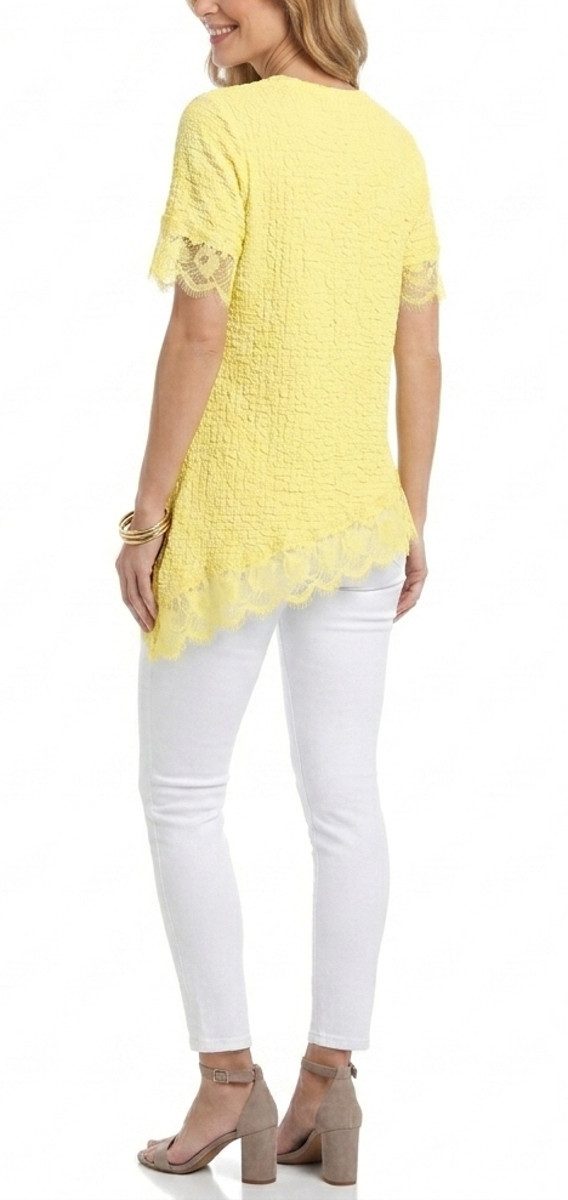 dy_mode Longtunika Damen Longshirt mit Spitzen Kurzarm Tunika in Knitter-Optik Oberteil in Unifarbe, Knitter-Optik, asymmetrisch mit Spitzen-Saum