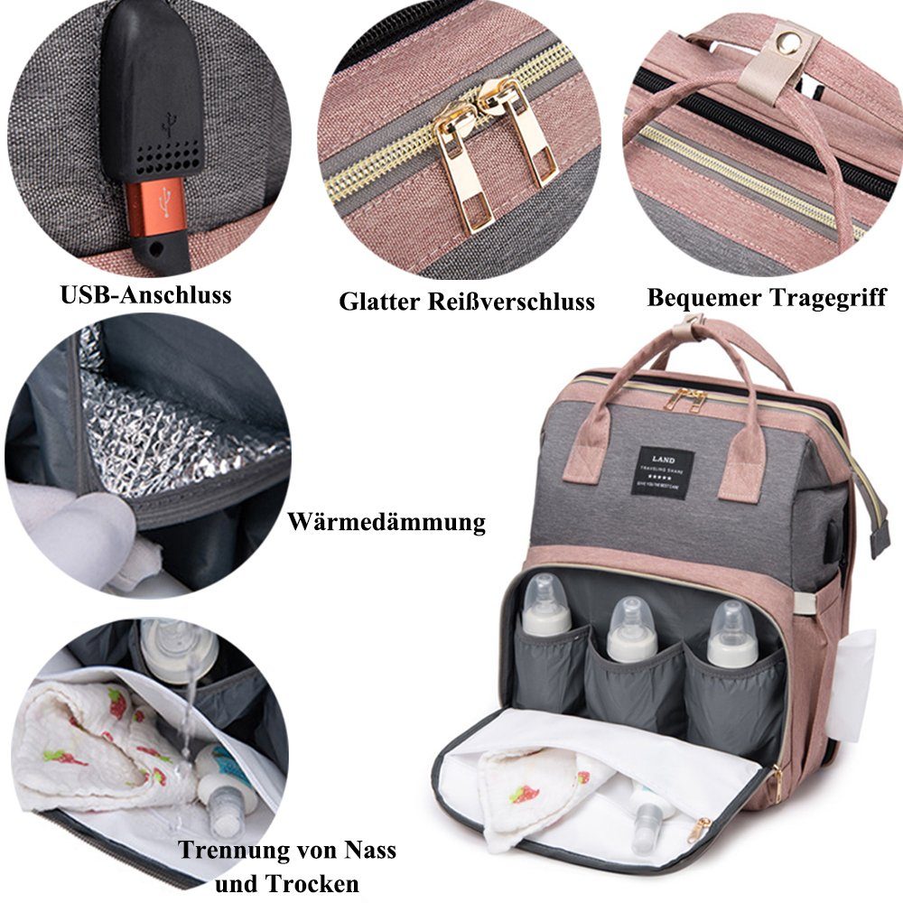 Rosa-grau USB-Ladeanschluss Wickeltasche Moskitonetz Baby Wickeltasche NUODWELL und Rucksack,mit