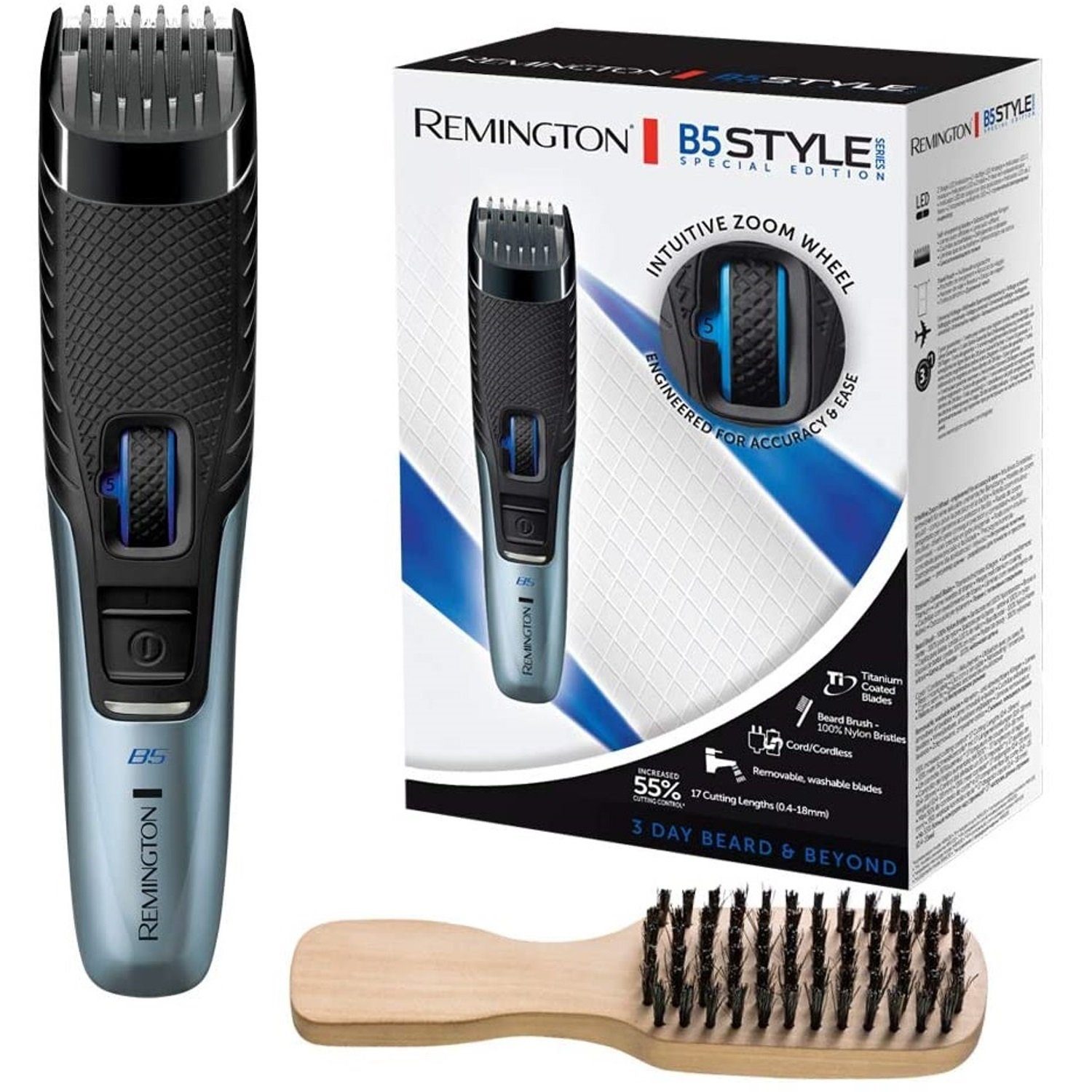 Remington Gesichtshaarrasierer Style Series B5 Bart-Schneider + Bartbürste, Akku Bart-Trimmer Harrschneidemaschine, 17 Längeneinstellungen