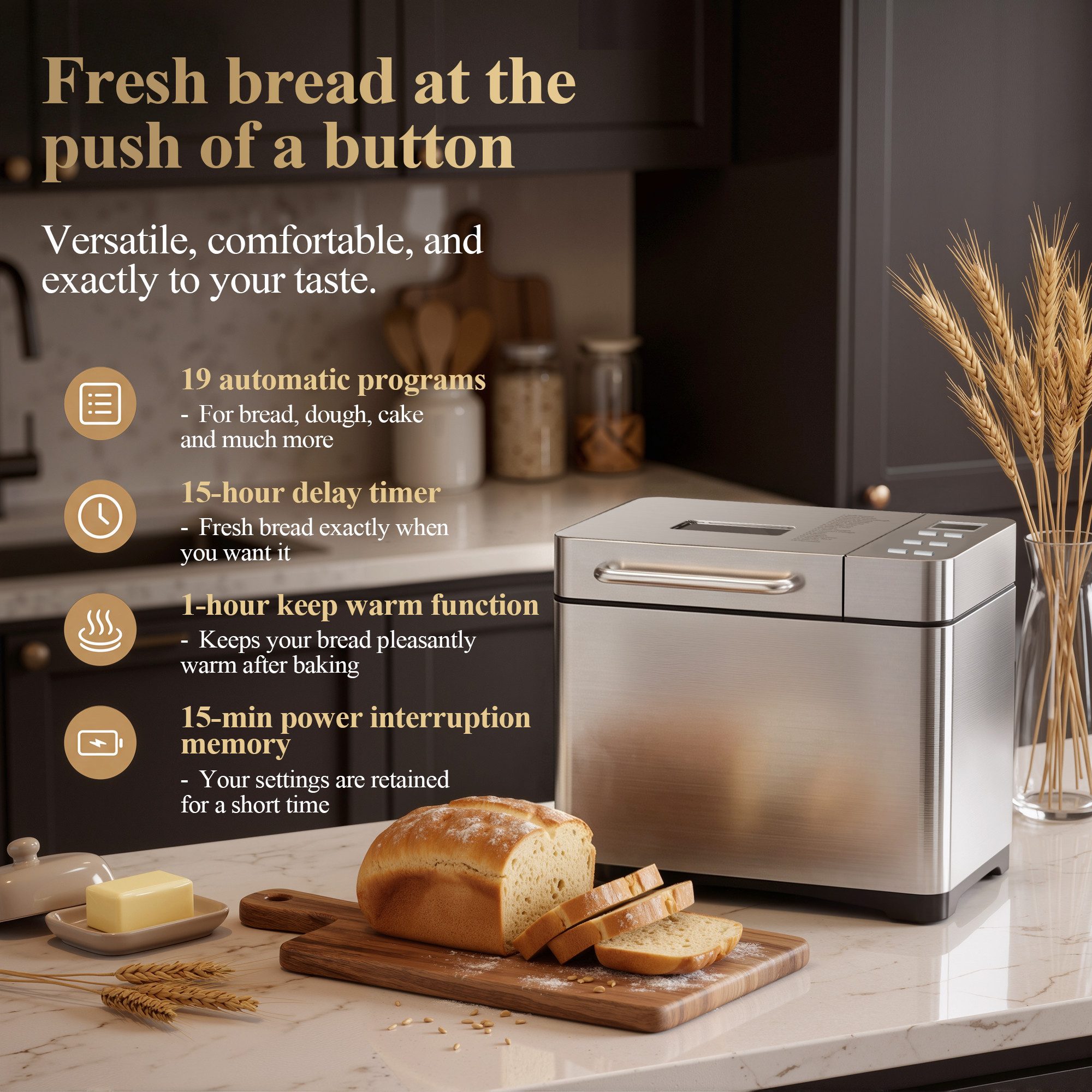 Furnicopia Brotbackautomat 19-in-1 Brotbackautomat, 1kg, Edelstahl, Timer, automatische Beigabe, 19 Programme, 710 W, 19 Programme, 3 Krustenfarben 3 GroBen,Ker – Bild 5 von 5