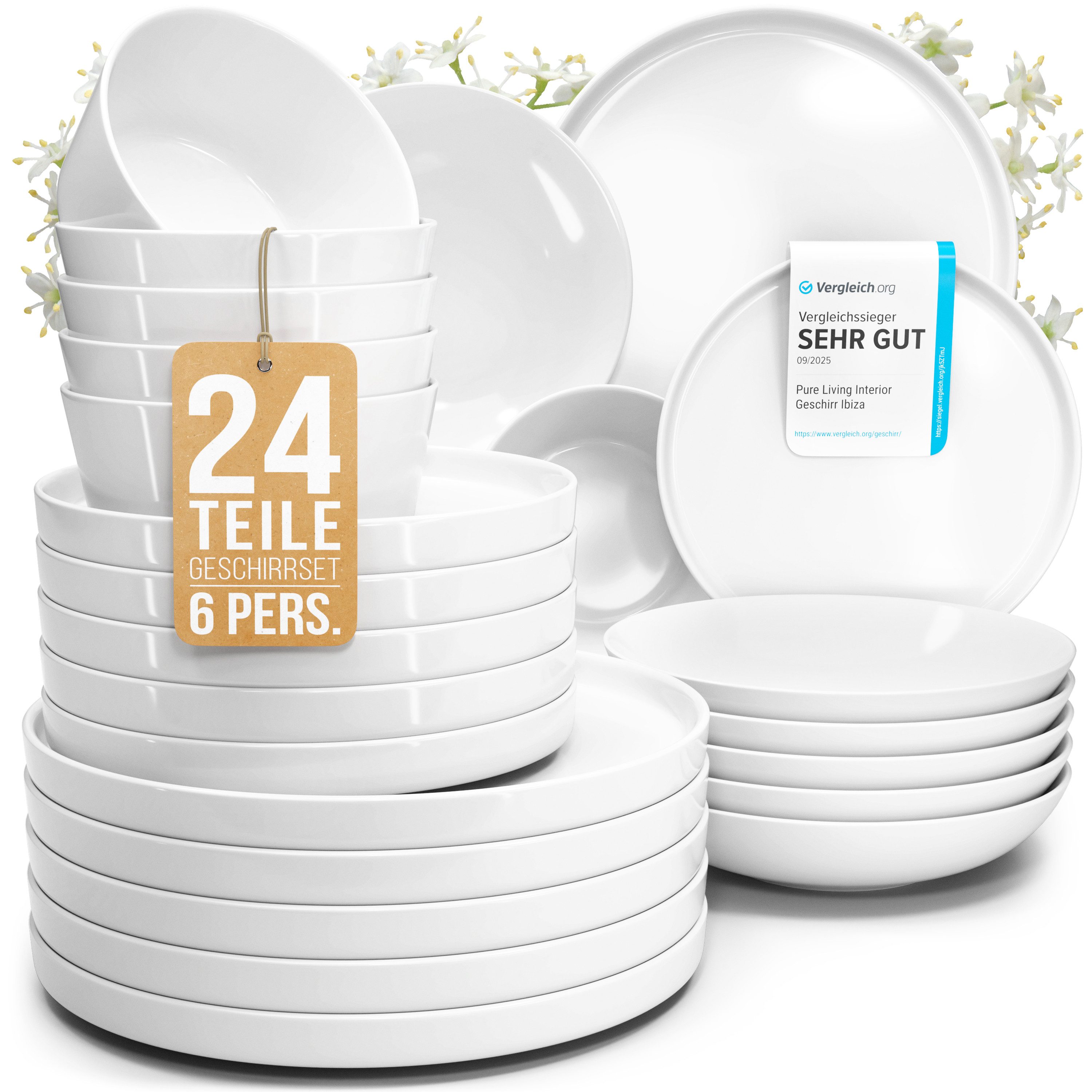 PURE LIVING INTERIOR DESIGN Geschirr-Set Scandi aus Steingut, 24-tlg., für 6 Personen, Weiß, 6 Personen, Porzellan, Zeitloses minimalistisches Design, Reines Weiß – elegant & schlicht, …