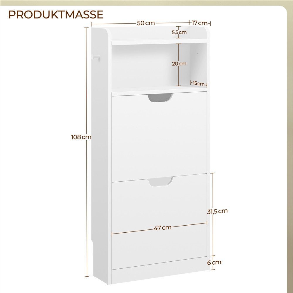 Yaheetech Schuhschrank Schuhregal Schuhkommode mit 2 Klappen & Ablagefach & 2 Haken, 50 × 17 × 108,5 cm – Bild 4 von 5