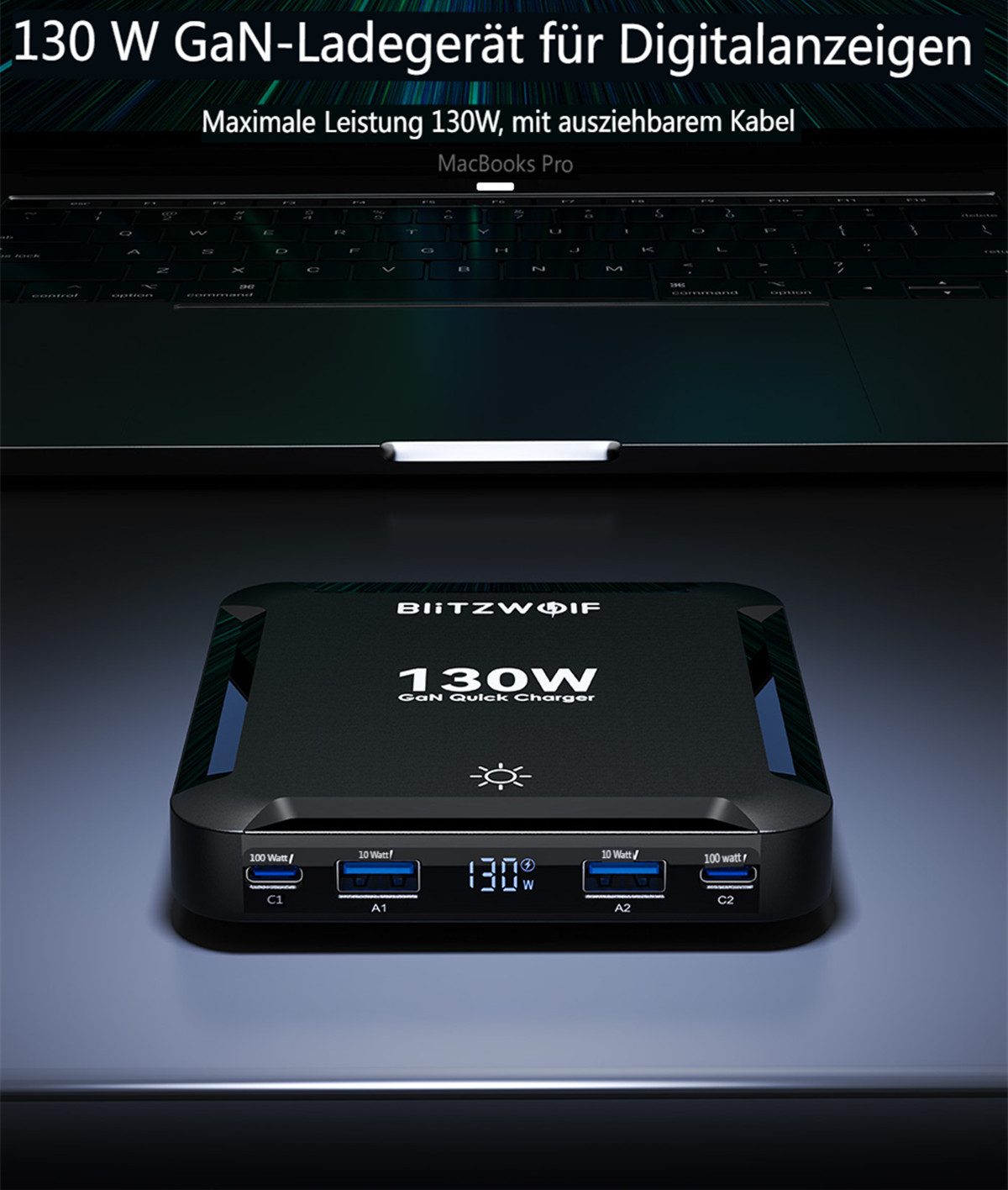BLiTZWOLF 5-in-1 130W GaN PD USB-Ladegerät (mit Digitaldisplay, Einziehkabel, Schnellladung für iPhone, MacBook, Apple Watch)