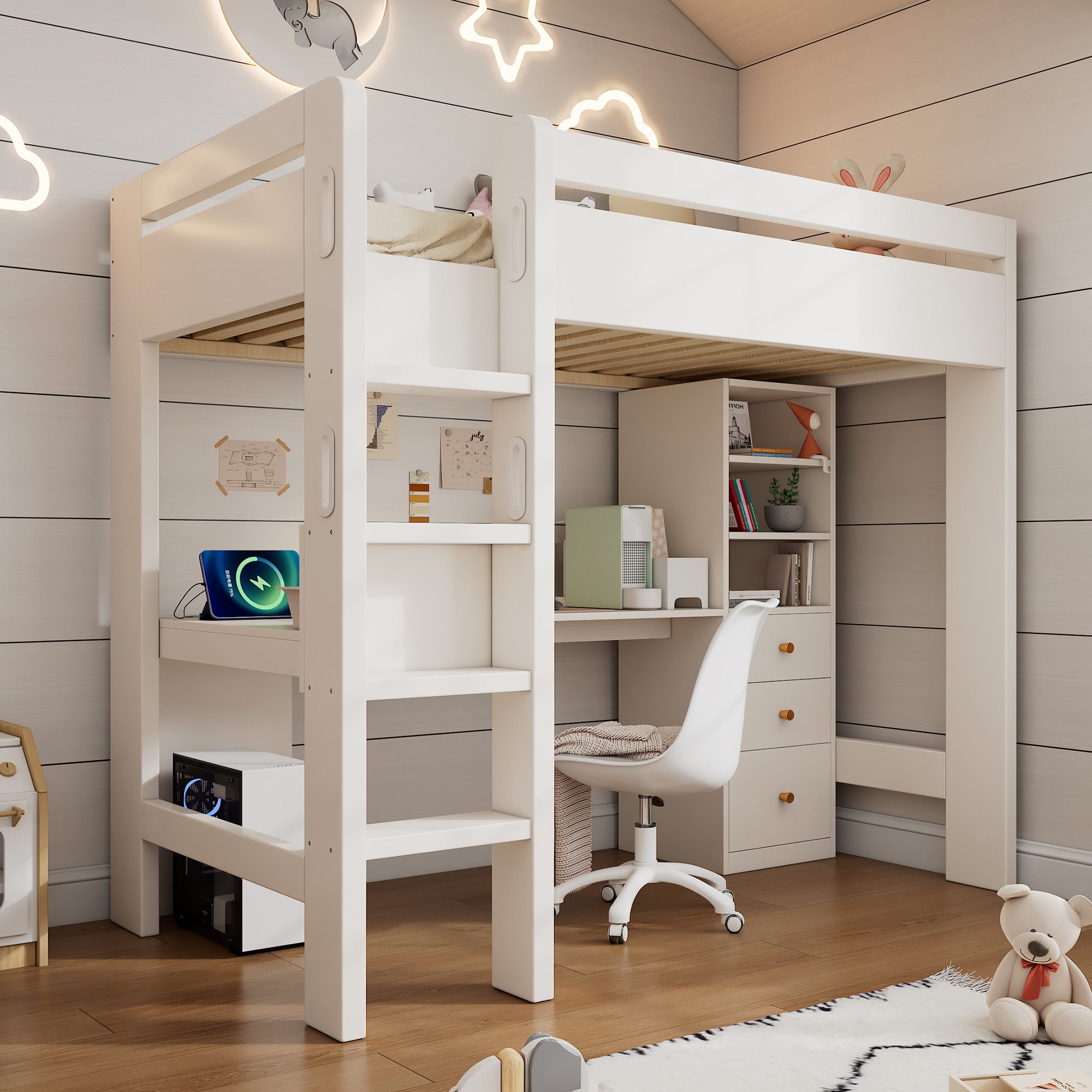 OKWISH Hochbett Einzelbett mit Holzlattenrost, USB/Type-C Ladebereich (Etagenbett, Kinderbett, Massivholzbett mit Leiter, 1-St., 90×200cm, ohne Matratze) mit L-förmigem Schreibtisch, Regalen und Schubladen