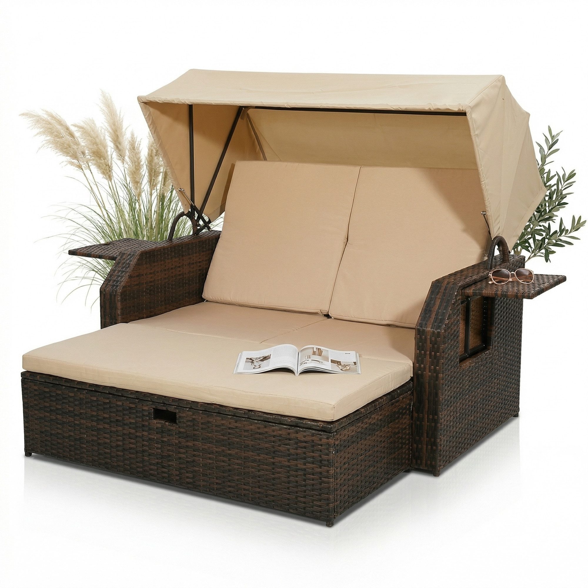 Mucola Strandkorb Strandkorb Sonnenliege Sonnenbett mit Dach aus Polyrattan Relaxliege, BxTxH: 145,00x143,00x130,00 cm, (Stück, 1-tlg), Sonnenschutzdach