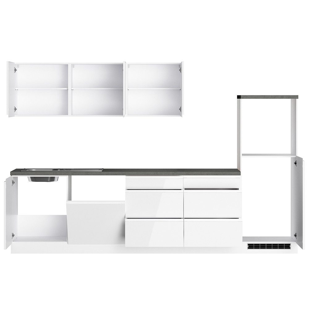 Lomadox Küchenzeile MARSEILLE-03, Fronten Hochglanz weiß, Arbeitsplatte Betonoptik, 300cm, ohne E-Geräte