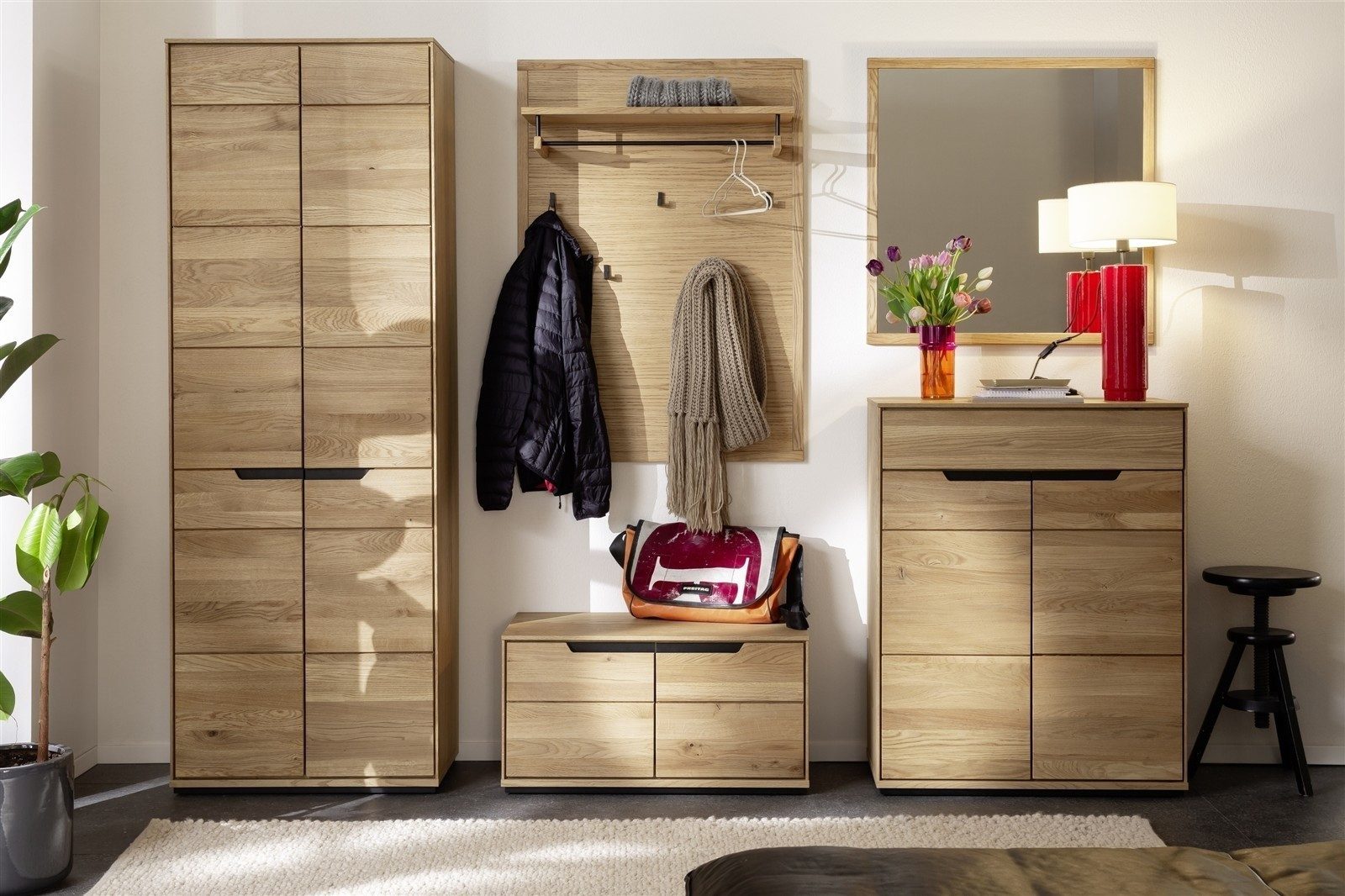 freiraum Garderoben-Set ARAYA, (5-teilig) in Eiche teilmassiv - 227x195x40,5 (BxHxT)