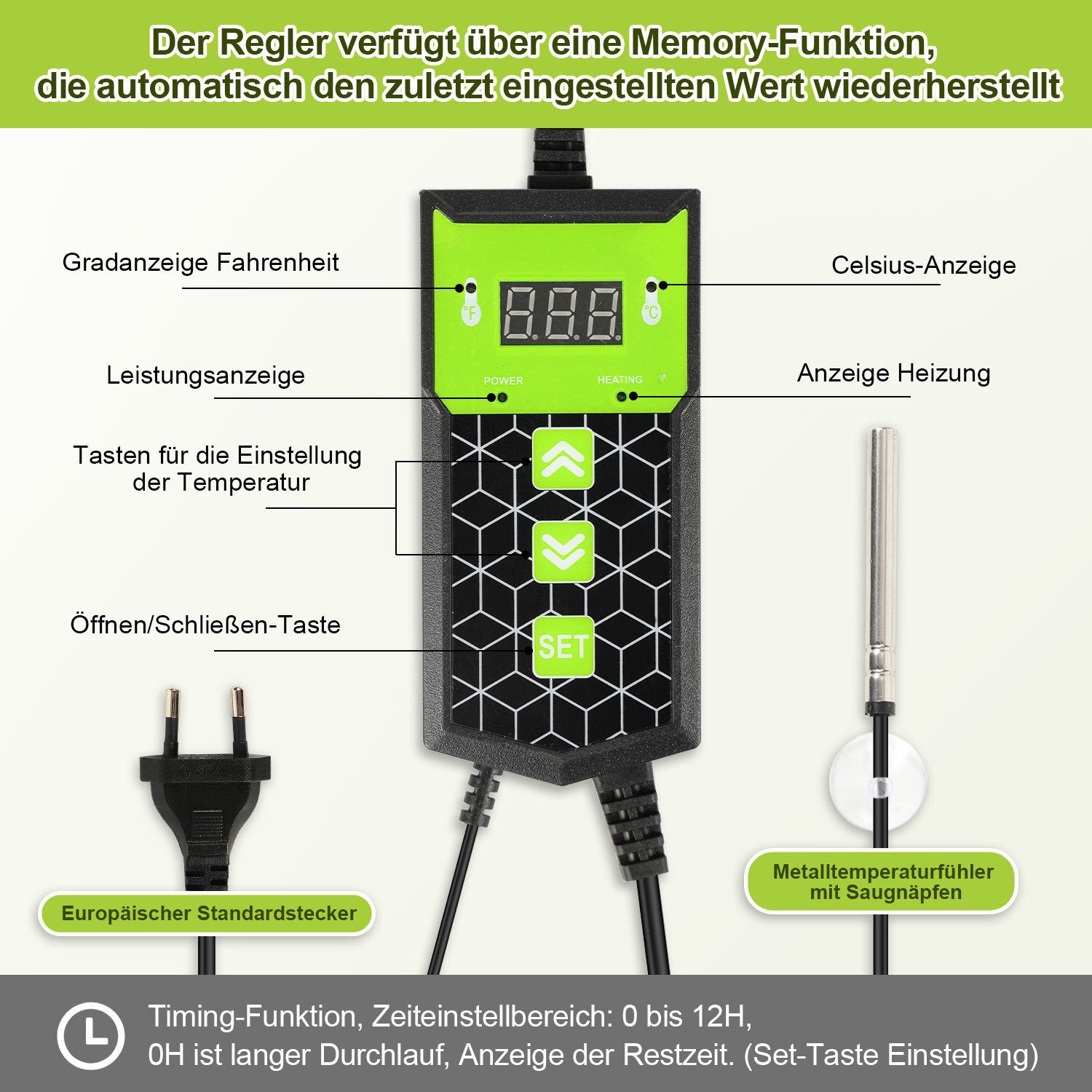 Clanmacy Heizmatten Heizmatte Thermostat Zimmergewächshaus Pflanzen Sämling 27W 27x55cm 1x, 1-tlg., 20,5" x 10" Zoll (55 x 27 cm), F/C-Grad-Anzeige, Thermostate und Sensoren