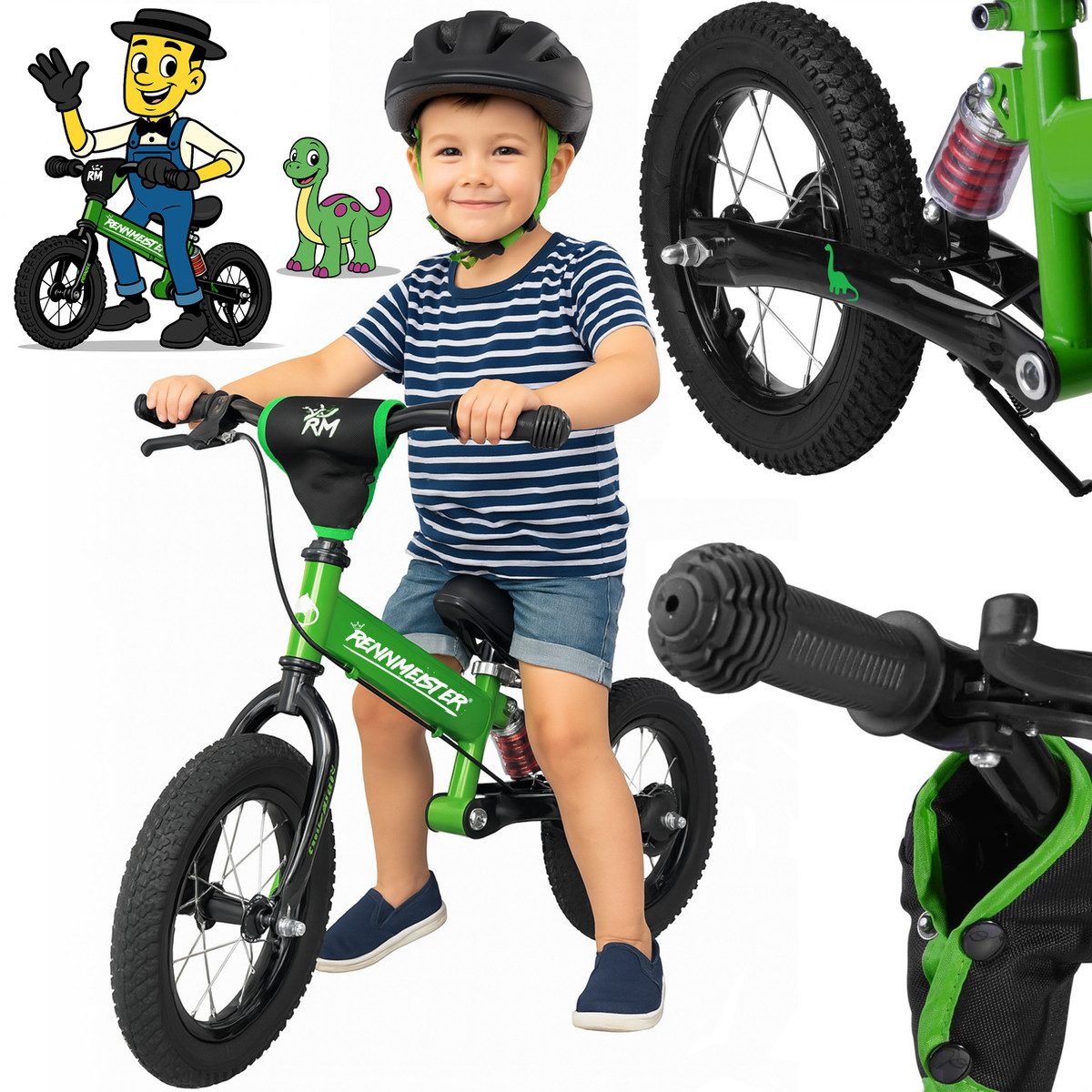 Rennmeister Laufrad Dunkelgrün, ab 3 Jahren Lauflernrad Balance Bike Höhenverstellbar Bremse 12 Zoll