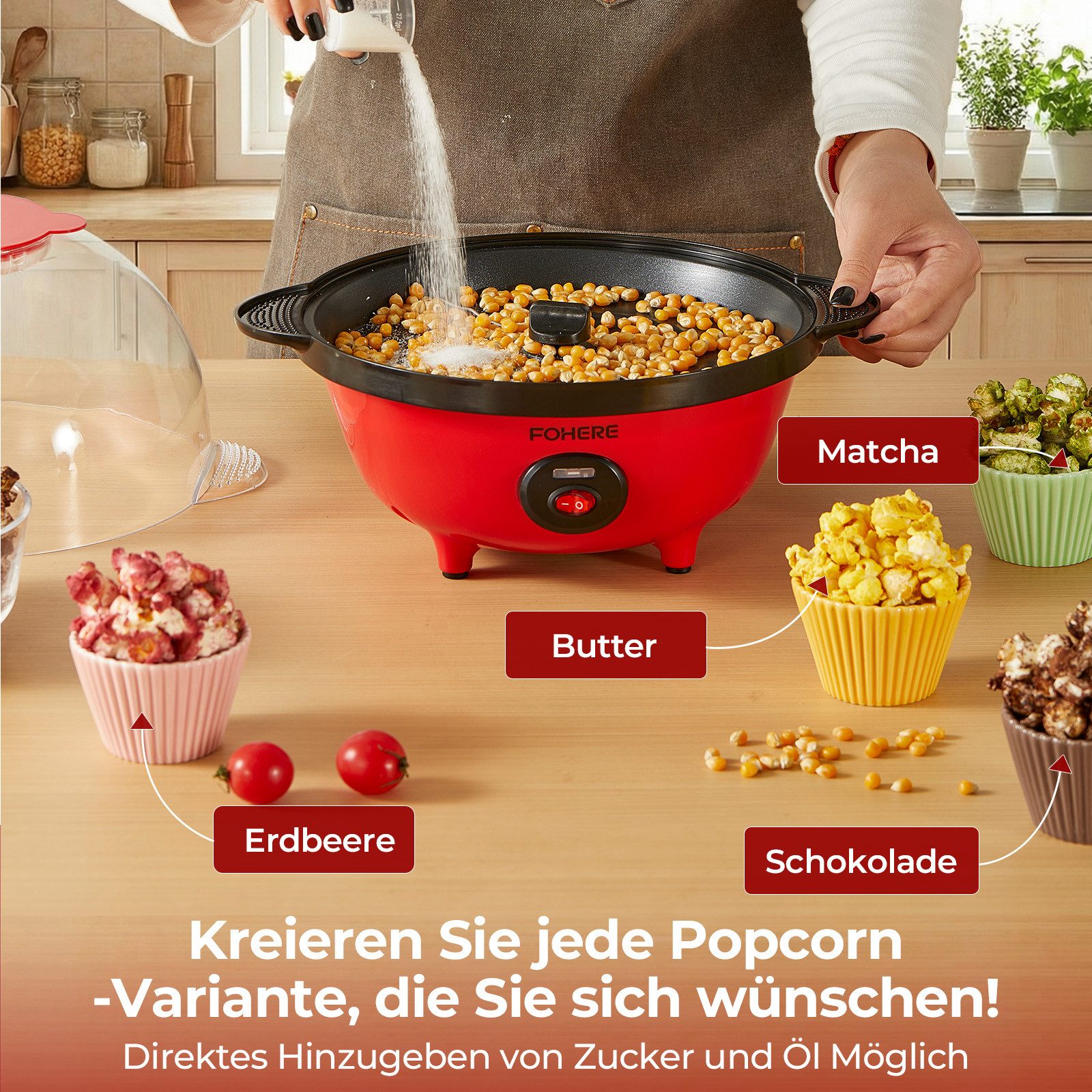 FOHERE Popcornmaschine 4.5L 700W Popcornmaschine mit 2 Messbecher, für Zucker und Öl, Automatisches Rühren