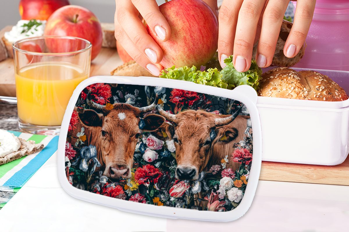 - Lunchbox Blumen Brotbox Mädchen - Brotdose, - Kinder (2-tlg), Kuh weiß Erwachsene, für Tiere Jungs Kunststoff, Porträt, und und für MuchoWow