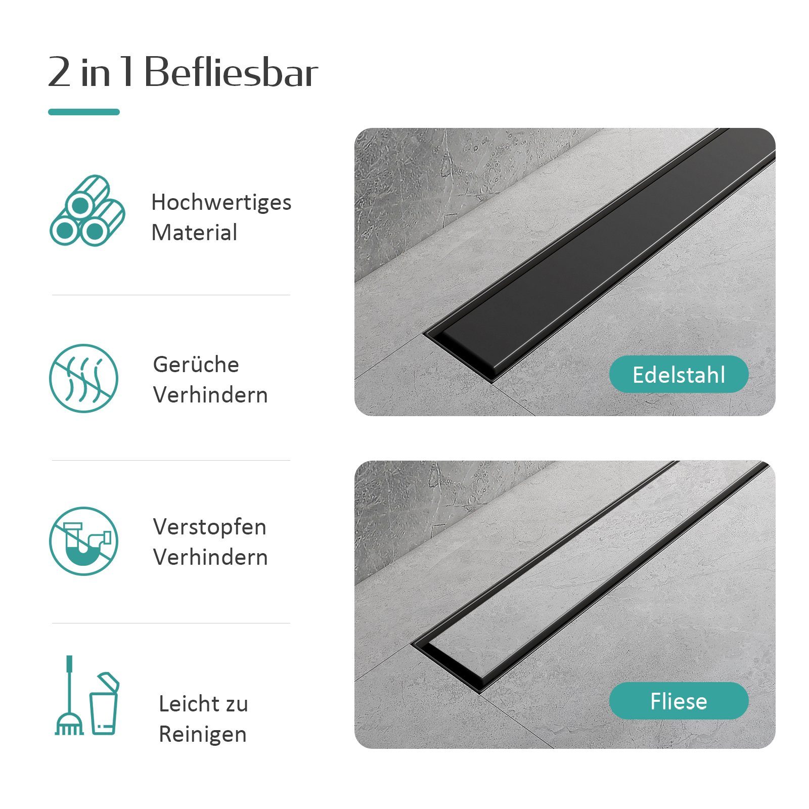 EMKE Duschrinne Edelstahl Duschrinne 2 in 1 Komplettset Bodenablauf Dusche mit Siphon, Befliesbar Extra Flach Abflussrinne mit Haarsieb Randablauf Schwarz