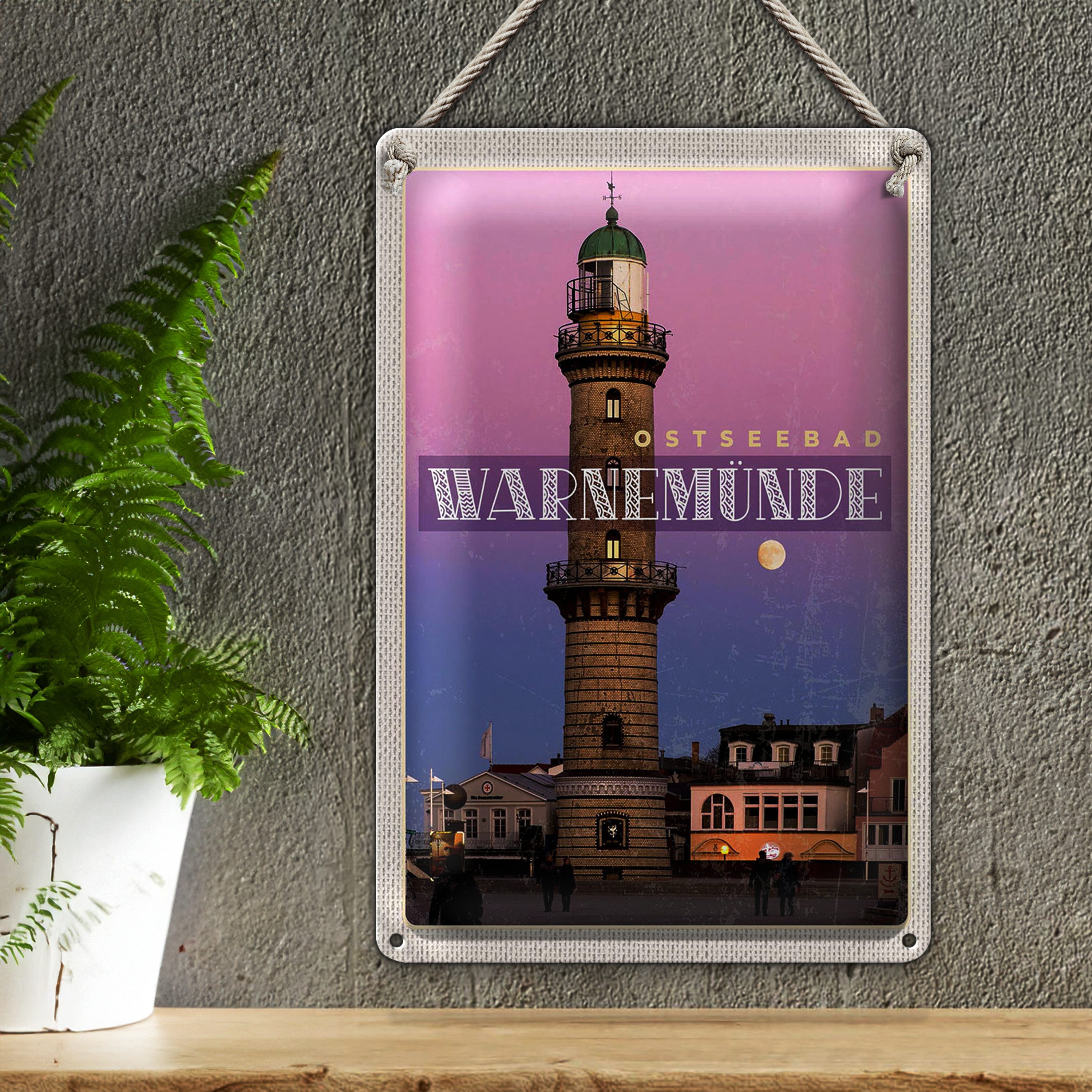 Roomando Metallschild Blechschild Reise 20x30cm Travenmünde Strand Leuchtturm Urlaub