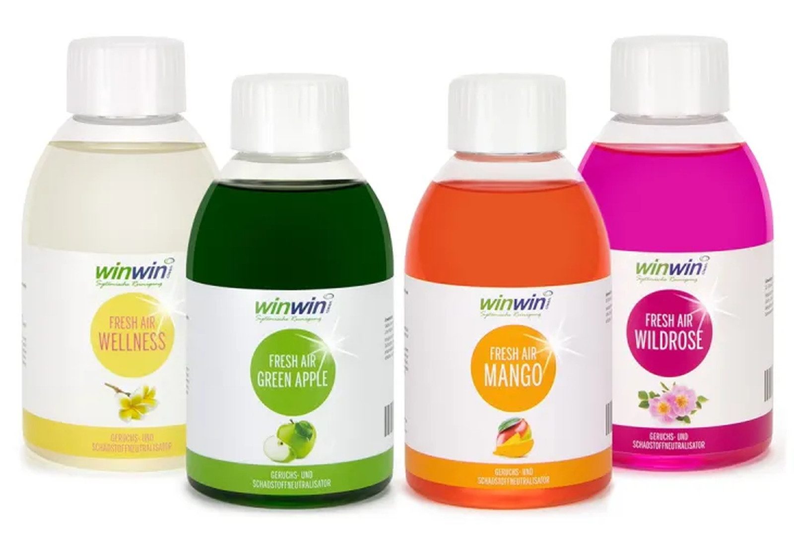 winwinCLEAN Raumduft fresh AIR SET 4x 250ml: Raumluft-Deo, Luftreinigungs-Konzentrat (Spar Set, 4-St., fresh AIR 250ml I Wellness I Green Apple I Mango I Wildrose), Geruchsentferner,Geruchsneutralisierer,Reinigungsmittel,Air Purifier