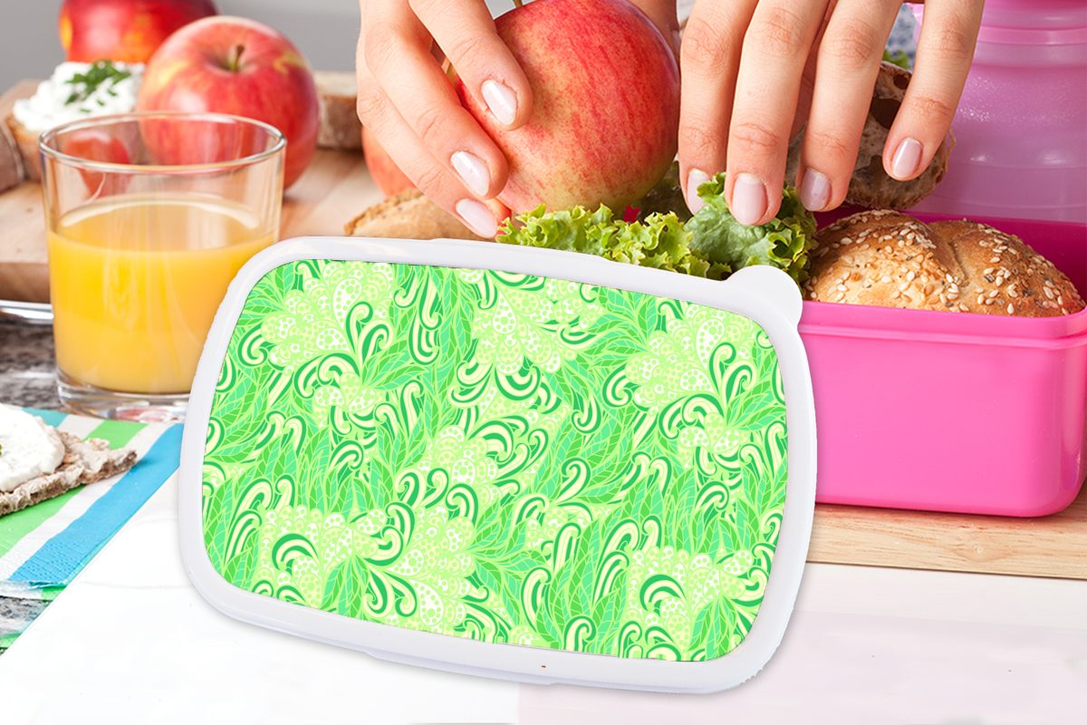 - Grün, Brotdose Lunchbox Snackbox, - rosa - für Kinder, MuchoWow Kunststoff, Kunststoff Brotbox Erwachsene, Mädchen, (2-tlg), Muster Abstrakt Blätter