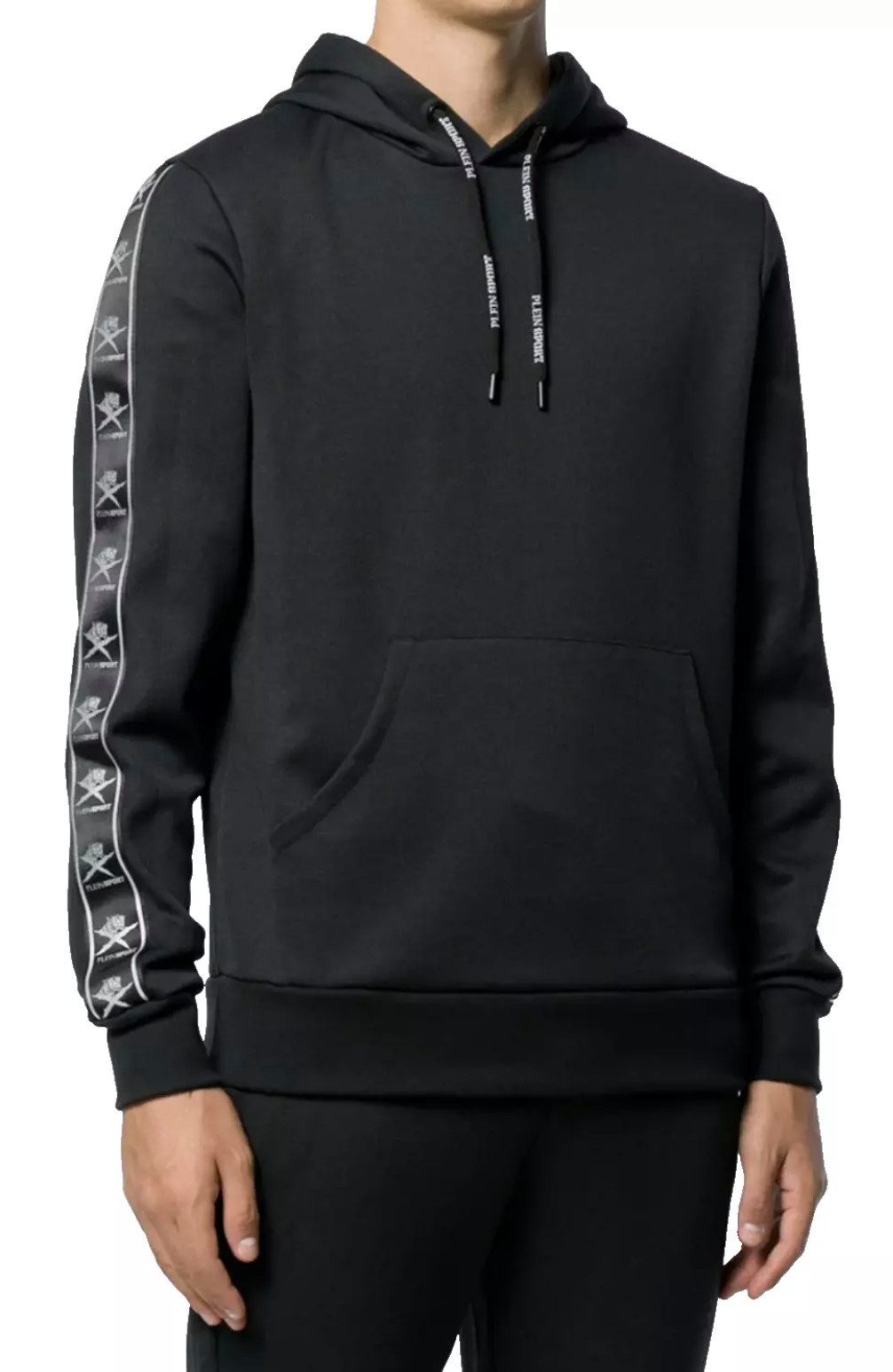 PHILIPP PLEIN Hoodie Kapuzen Sweatshirt mit Tape Streifen Fronttasche, Kordelzügen, Gummiertes Logo, Ärmelstreifen