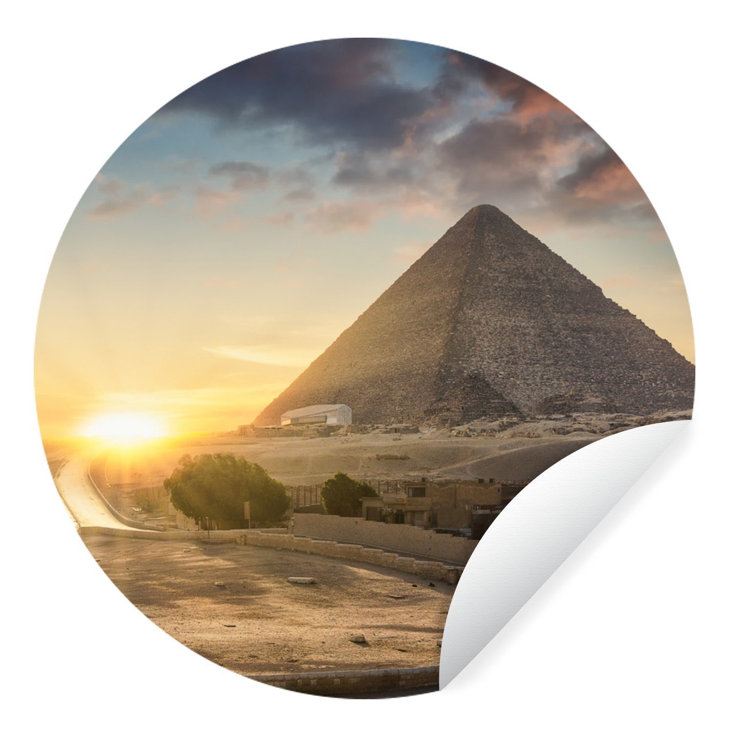 MuchoWow Wandsticker Sonnenuntergang hinter der Pyramide von Kairo - Ägypten (1 St), Tapetenkreis für Kinderzimmer, Tapetenaufkleber, Rund, Wohnzimmer