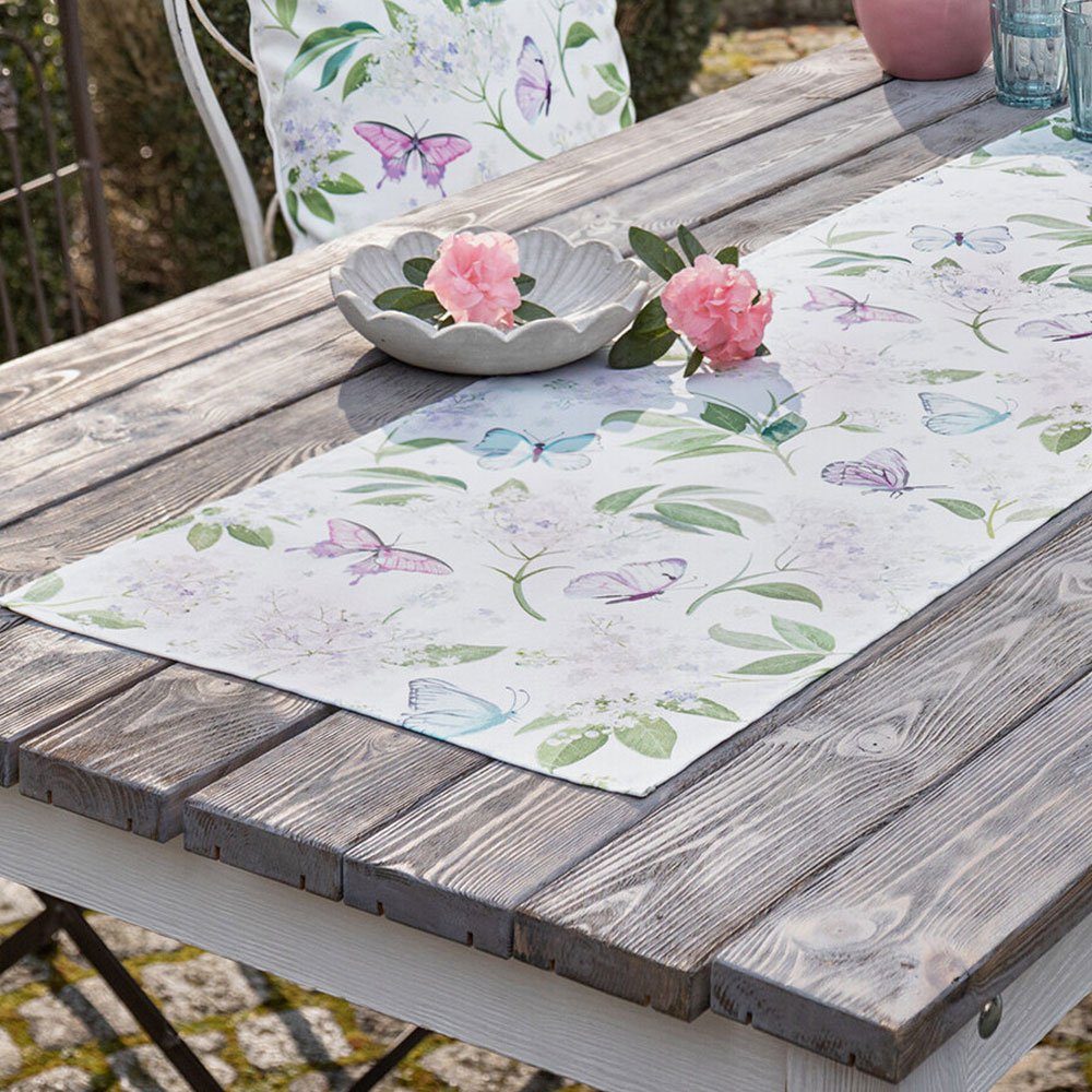 Home-trends24.de Tischläufer Tischläufer Schmetterlinge Blüten Tischdeko Tischband Tischdecke