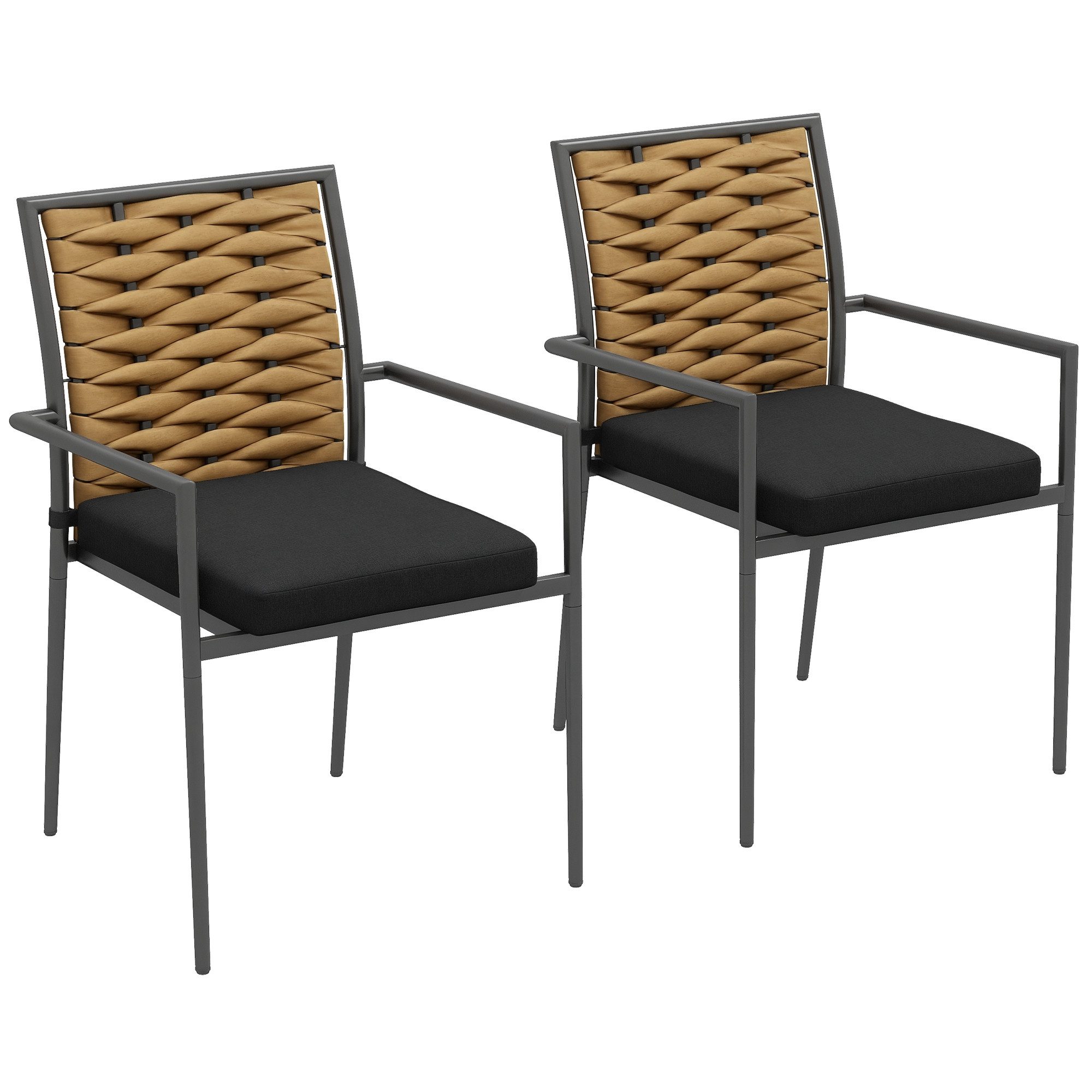 Outsunny Sitzgruppe 2er-Set Rattan Gartenstuhl Stapelbarer Gartensessel mit Kissen, (Gartenstuhl, 2-tlg., Balkonstuhl), für Terrasse, Stahl, 57 x 58 x 87 cm, Mehrfarbig