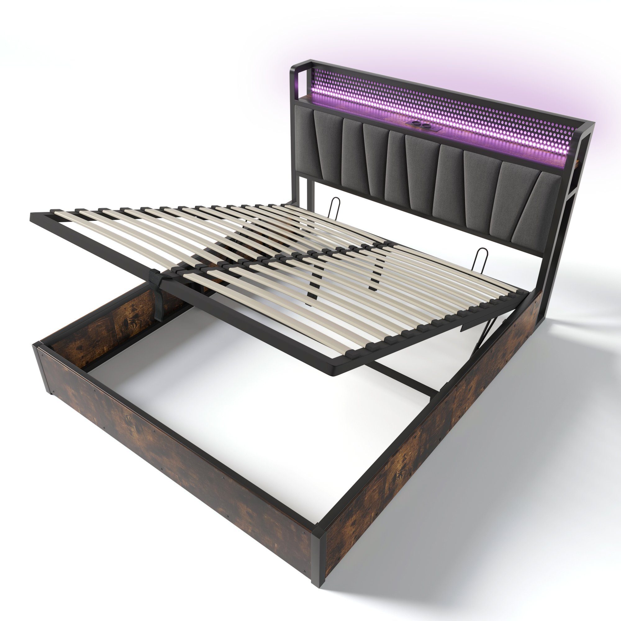 Polsterbett (LED Metallbett Doppelbett), hydraulisches Stauraumbett mit Ladefunktion und Lattenrost, 160x200cm
