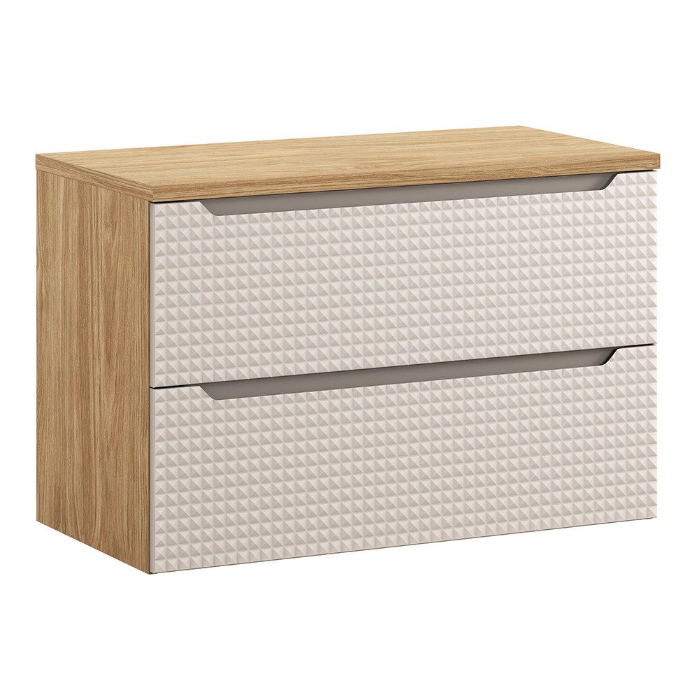 Lomadox Waschbeckenschrank LONDON-56-BEIGE 90cm breit, Schubladen, Softclose, grifflos, 3D-Front, Eiche mit beige