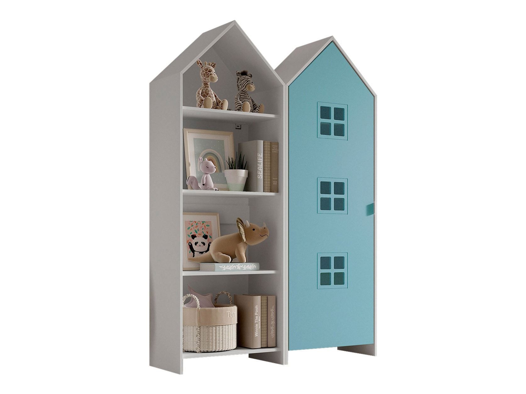 58 aufm Kessel Mehrzweckschrank-Set Regalschrank Set Kania 115x37x171 Regal Kombination MDF Weiß /Blau, (inkl. Versand, Lieferung bis Verwendungsstelle), 1 Regalschrank und 1 Schrank mit 1 Tür, 3 Einlegeböden, Kleiderstange