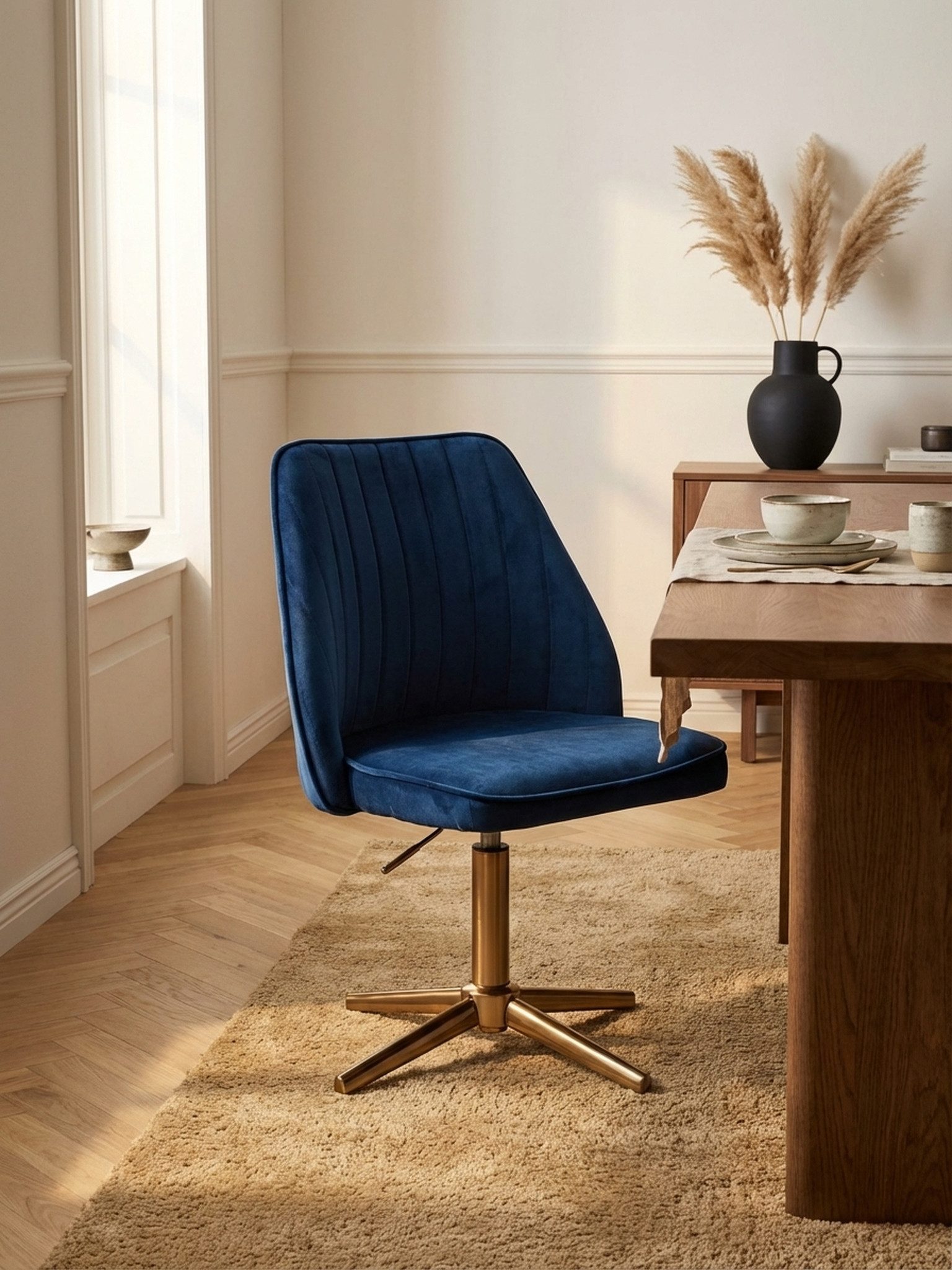 KADIMA DESIGN Bürostuhl Schreibtischstuhl Dunkelblau Samt Design Drehstuhl mit Lehne, (Schalenstuhl 120 kg Höhenverstellbar, Arbeitsstuhl ohne Rollen, Stuhl), Schreibtisch Home-Office Drehbar