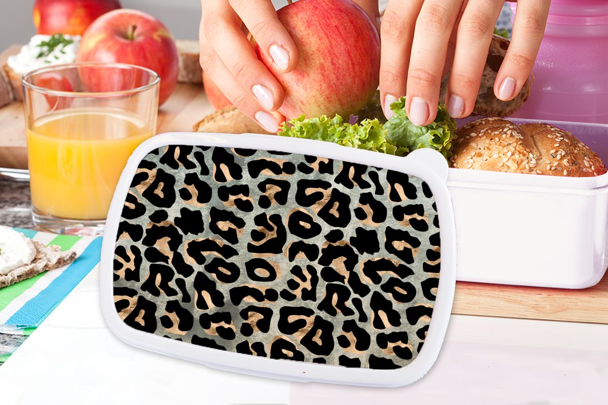 MuchoWow Lunchbox Pantherdruck - Luxus, Jungs und Schwarz Kinder (2-tlg), Mädchen weiß Braun und Kunststoff, - für für Brotbox Brotdose, Erwachsene, 
