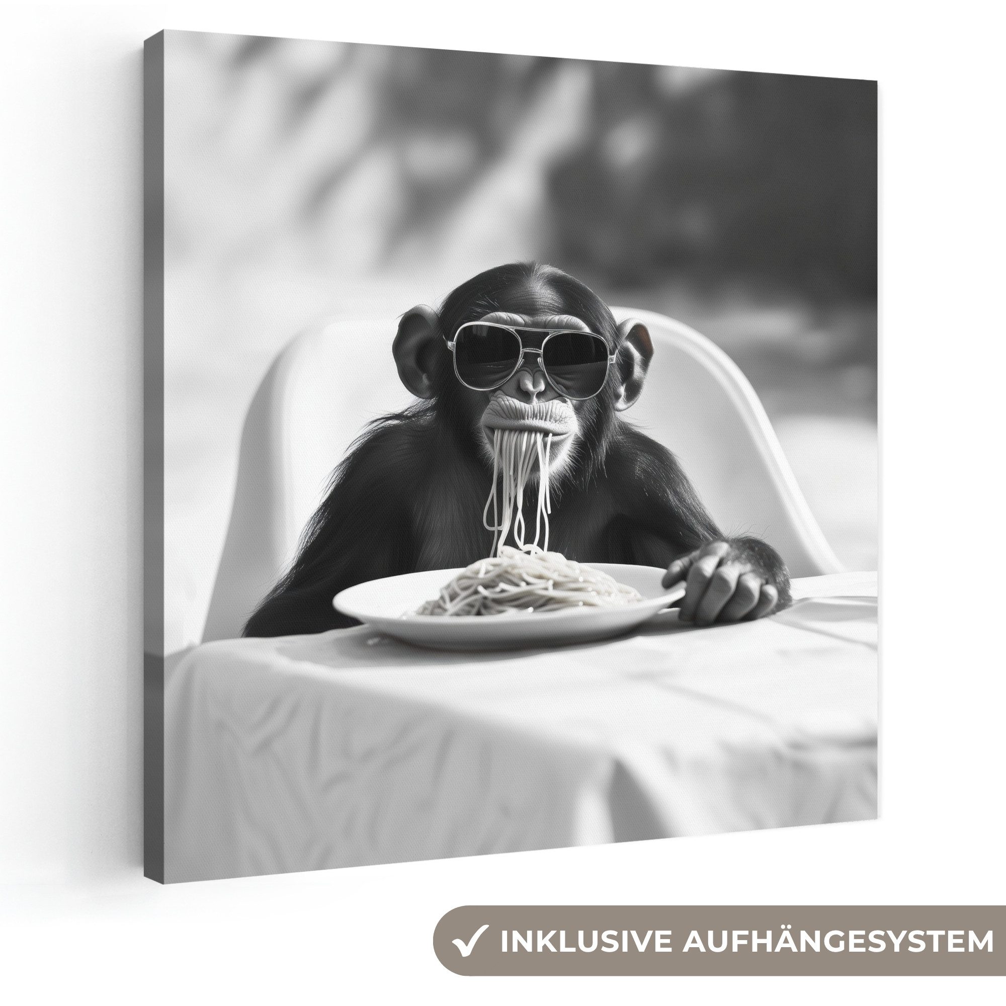 OneMillionCanvasses® Leinwandbild Affe - Spaghetti - Sonnenbrille - Schwarz und weiß - Cool - Tier, Fotodruck (1 St), Wandbild, Deko Schlafzimmer Wohnzimmer Flur 20x20 cm