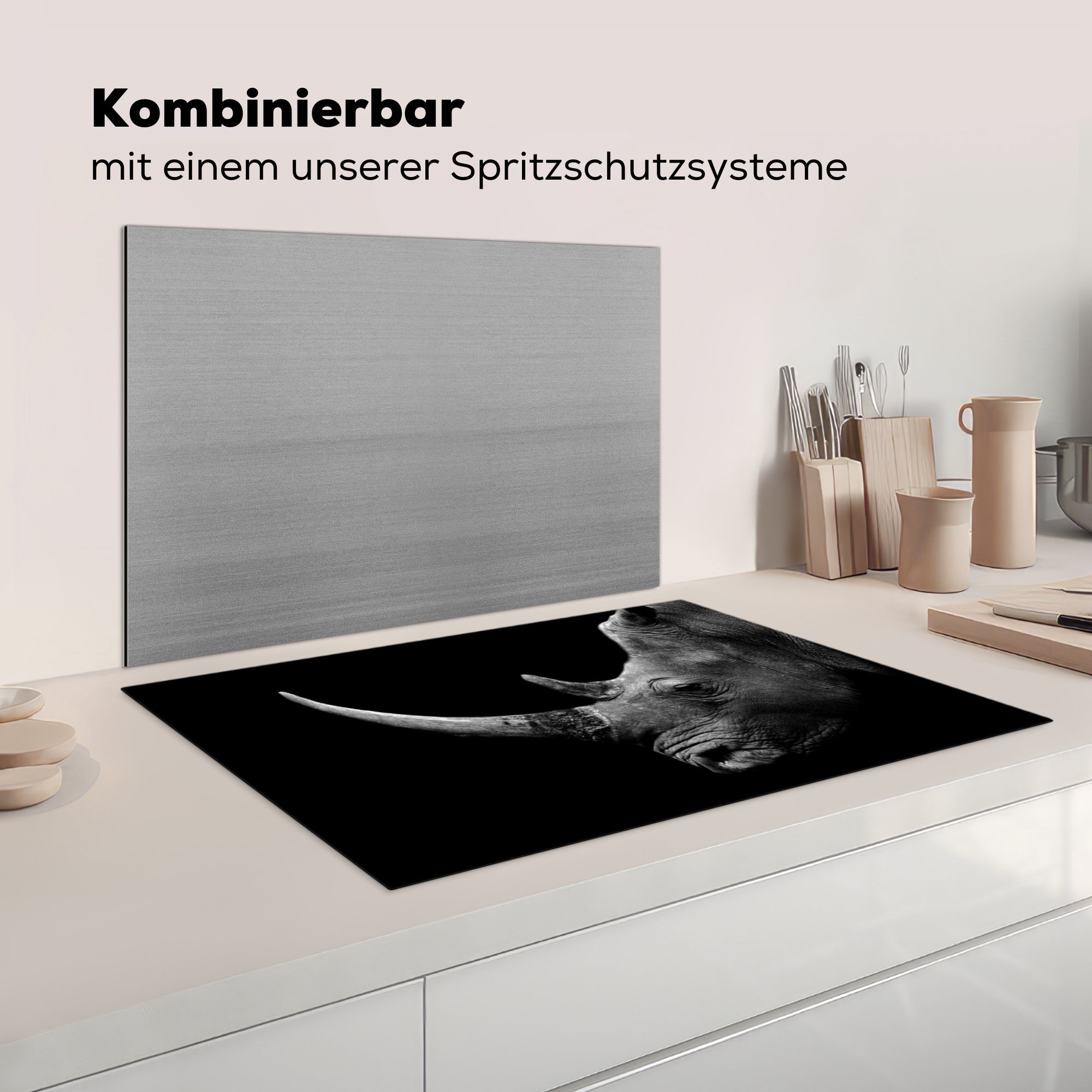 - - cm, - Herdblende-/Abdeckplatte für 81x52 (1 Tiere Schwarz Ceranfeldabdeckung, küche Porträt, Weiß MuchoWow - Nashorn Arbeitsplatte Vinyl, tlg),