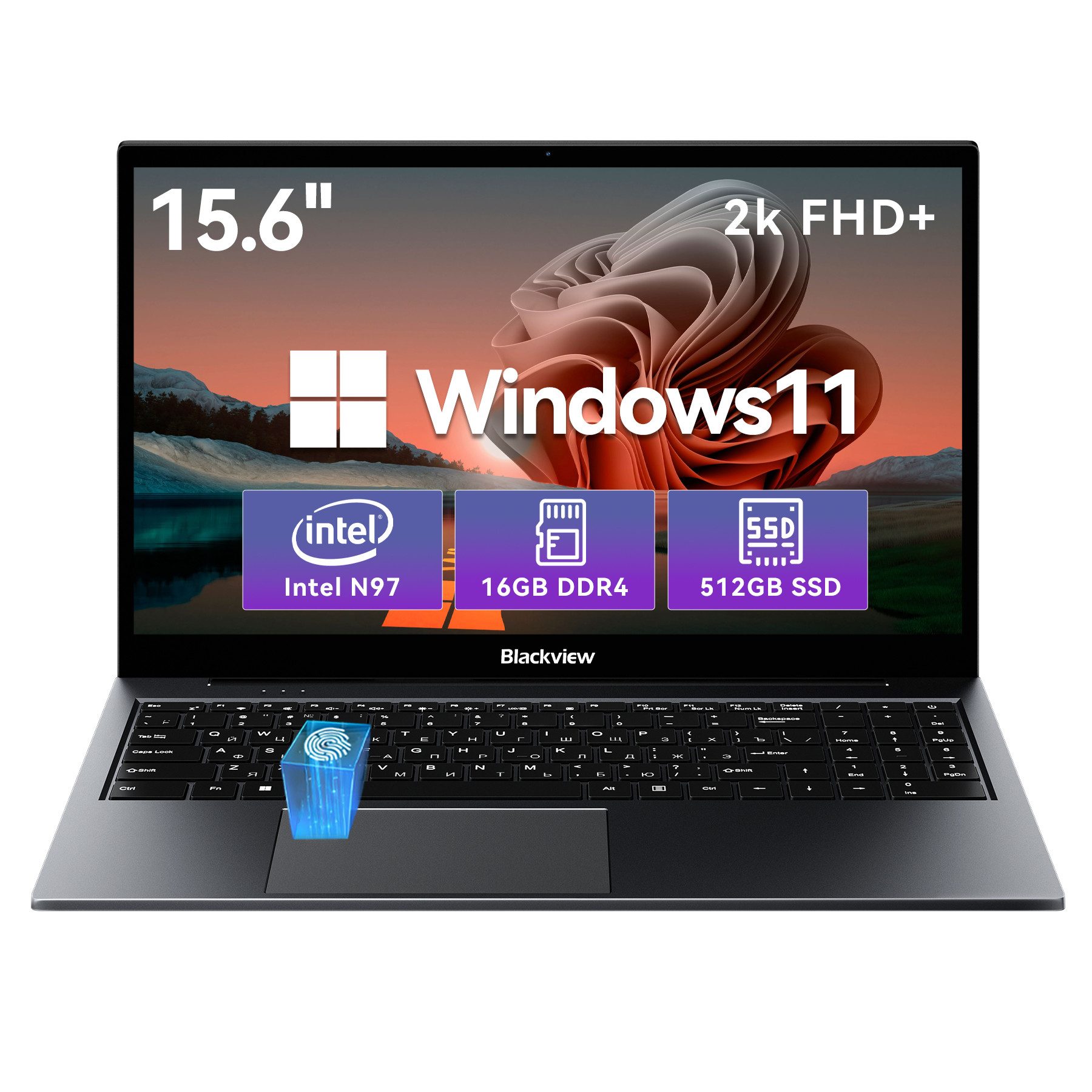 blackview 15,6 Zoll FHD Display Laptop, Intel Core N97, 16 GB RAM 512 GB SSD Notebook (Intel Core N97, 512 GB SSD, Windows 11, Fingerabdruckerkennung, Face Unlock, WLAN 5G)