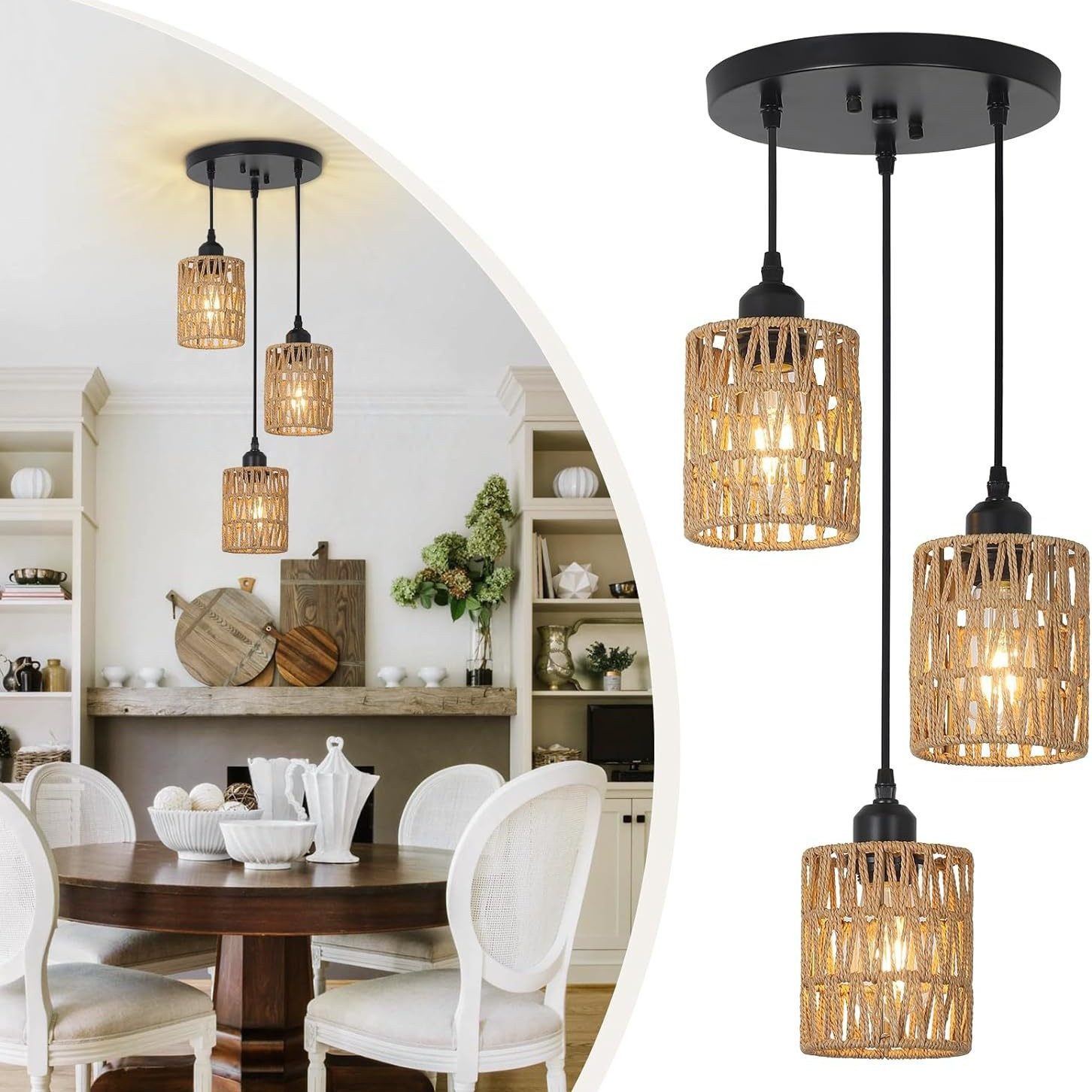 POPOLIC Pendelleuchte Boho Rattan Hängeleuchte 1/3-flammige, Deckenleuchten Wohnzimmer, mit 3 Glühbirne-Warmes Weiß, LED fest integriert, Boho Natur Wohnzimmer Esszimmerlampe