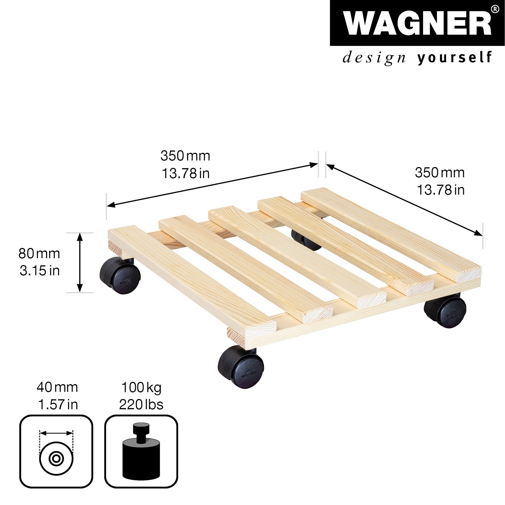 WAGNER design yourself Pflanzenroller PALETTI in diversen Größen I für Innenbereich I rund und eckig I aus FSC® Massivholz, natur I Tragkraft 100 kg - Made in EU
