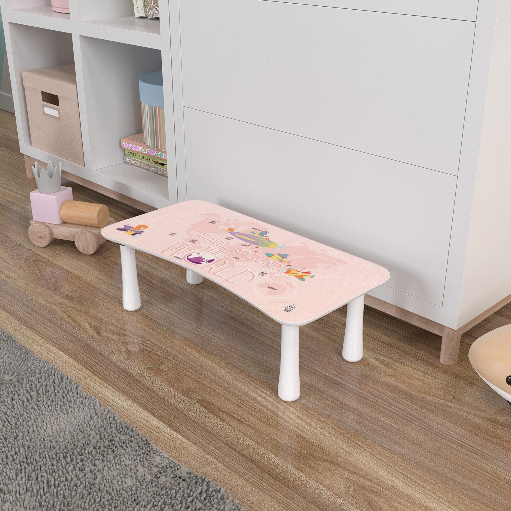 ANRO Tritthocker PopCorn Kindermöbel aus Holz mit Motiv (5 St), Spannendes Kindermotiv World Map Rosa