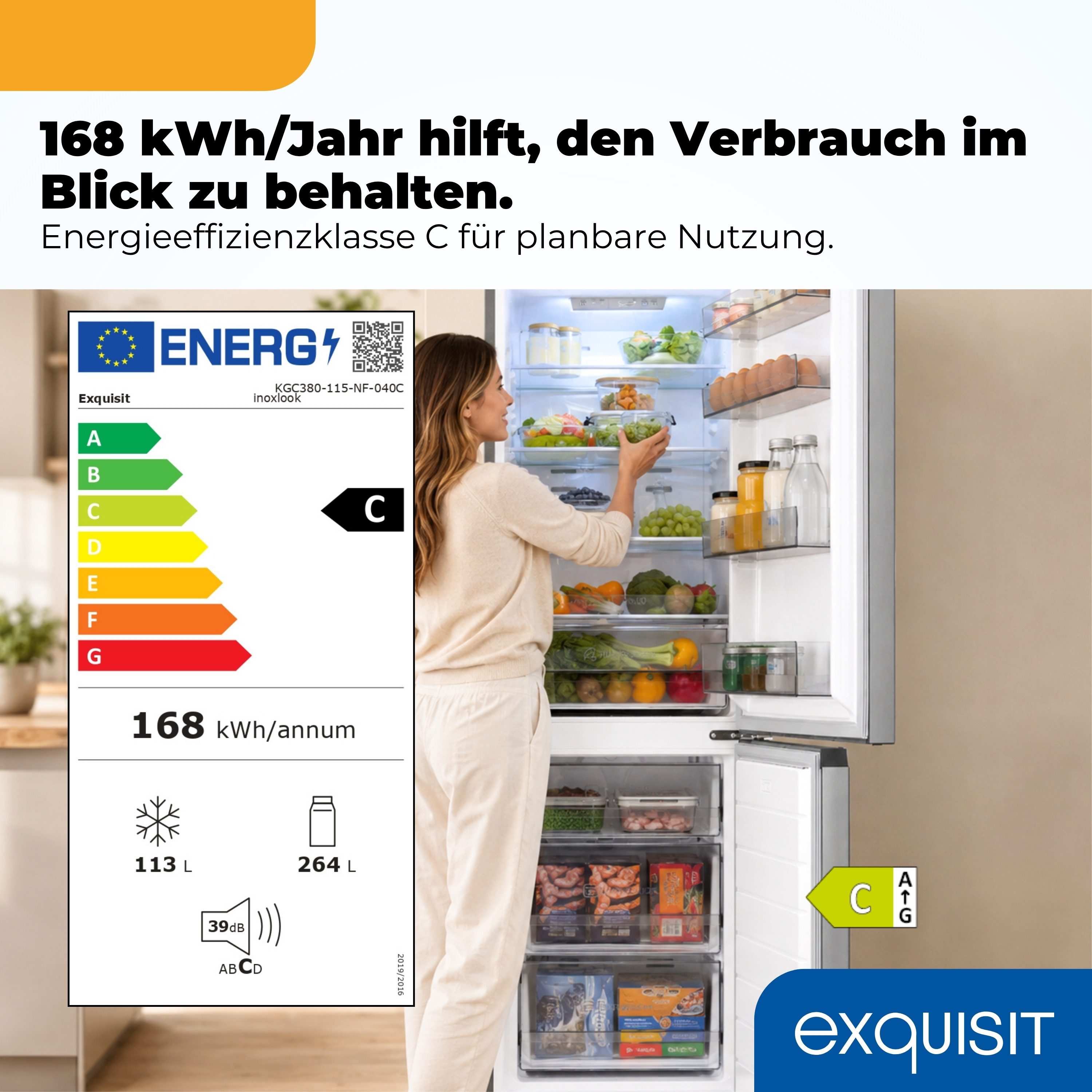 exquisit Kühl-/Gefrierkombination KGC380-115-NF-040C inoxlook, 200,5 cm hoch, 59,5 cm breit, Humidity Box für optimale Feuchtigkeitsregulierung & kein Abtauen mehr