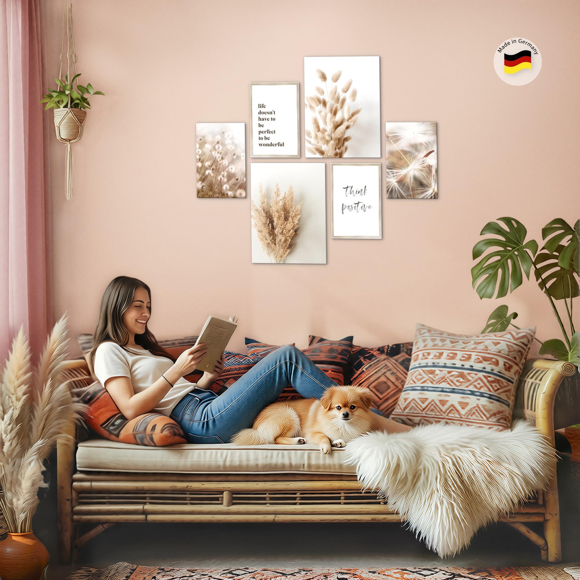 Novart Wandbild Boho Beige Pampas Wohnzimmer Deko, Boho2 (6 St)
