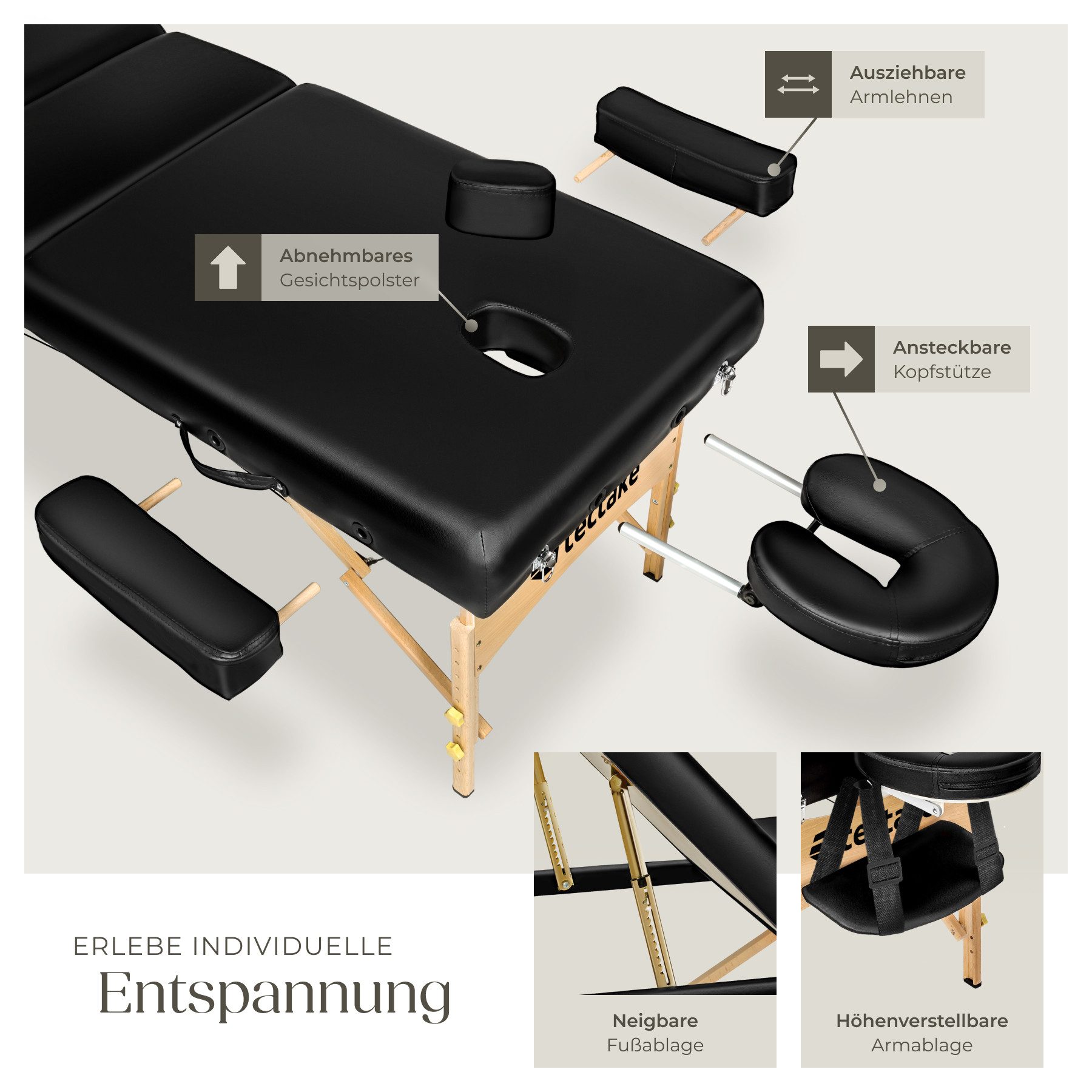 tectake Massageliege 3-Zonen-Massagetisch-Set, 218 x 102 x 90 cm, Polsterung 7,5 cm (Kosmetikliege Somwang, 1-St., in schwarz), Breite 70 cm, Tragetasche, mit Holzgestell, klapp- & höhenverstellbar