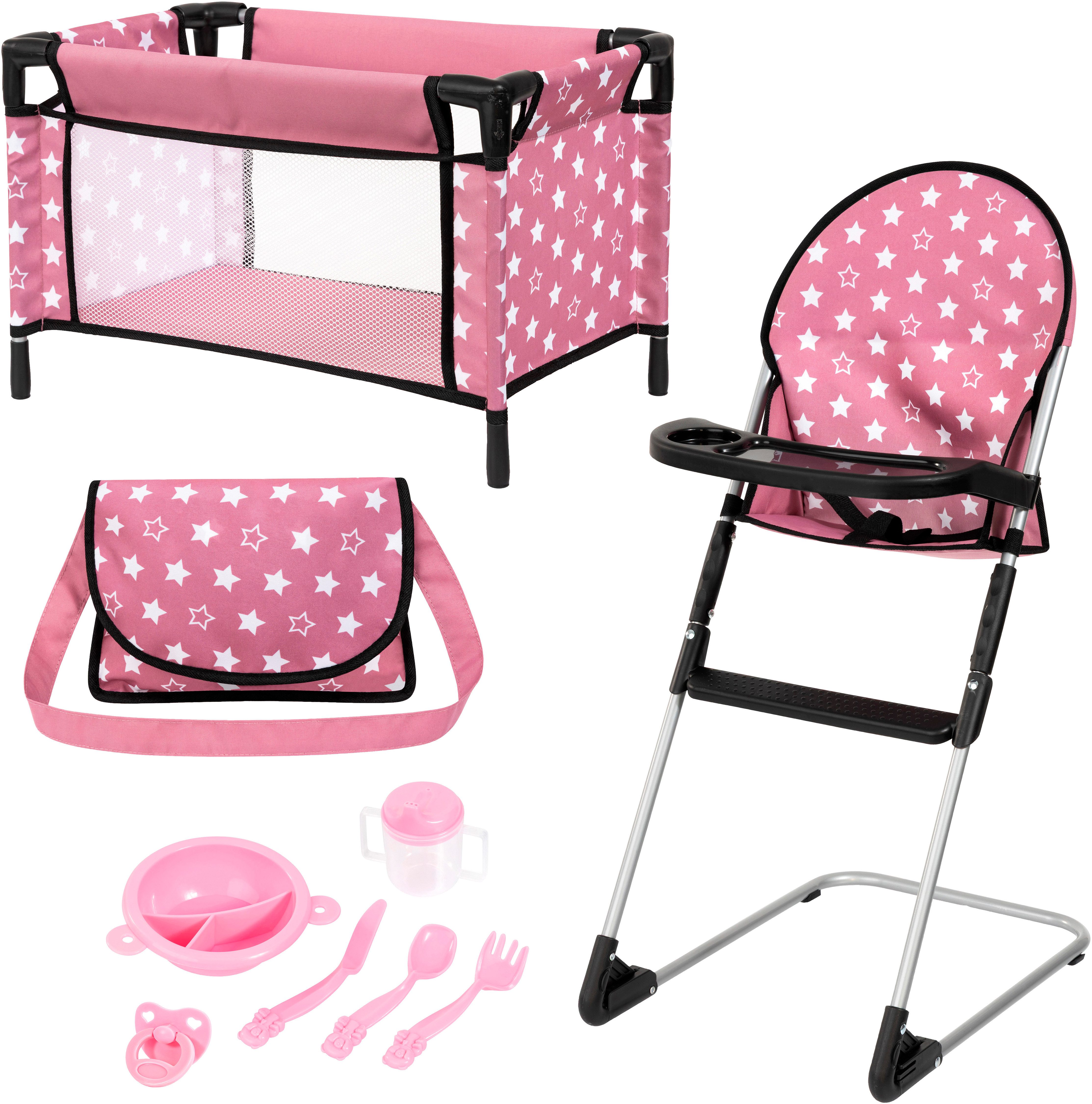 Bayer Puppenbett Puppen-Reisebett-Set altrosa (Set), inklusive Hochstuhl, Tasche, Teller, Trinkbecher, Besteck, Schnuller