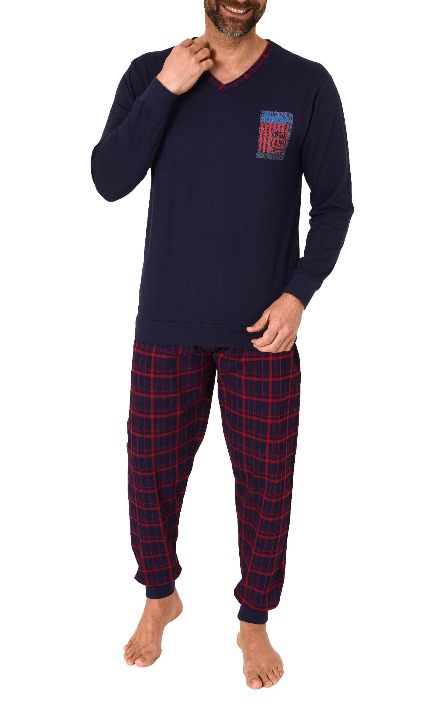 Normann Pyjama Herren langarm Schlafanzug mit Bündchen und karierter Jersey Hose