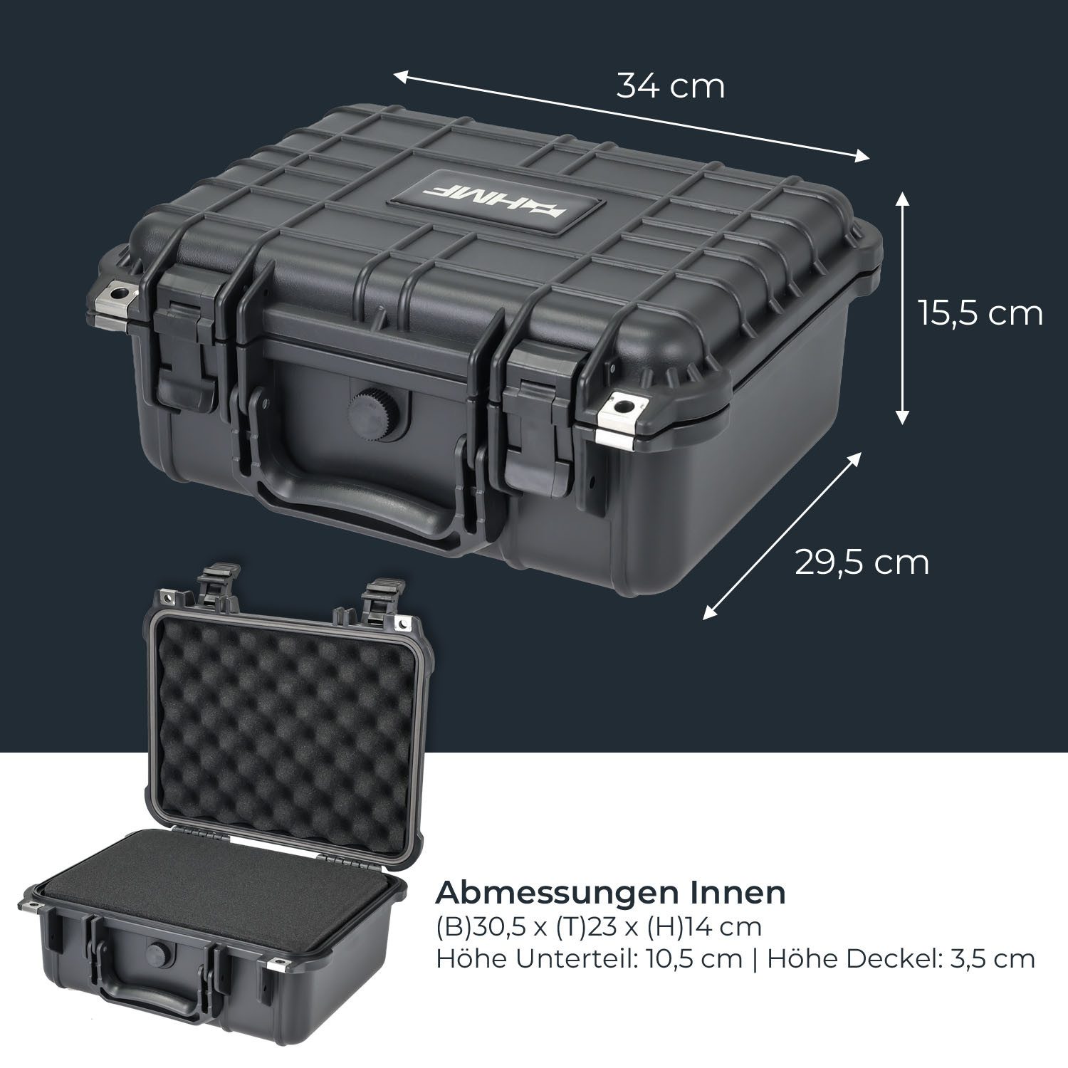 HMF Werkzeugkoffer ODK100 Outdoorkoffer mit Druckausgleichsventil und Rasterschaumstoff, Outdoor-Koffer wasserdicht und staubdicht, 34 x 29,5 x15,5 cm, schwarz – Bild 5 von 5