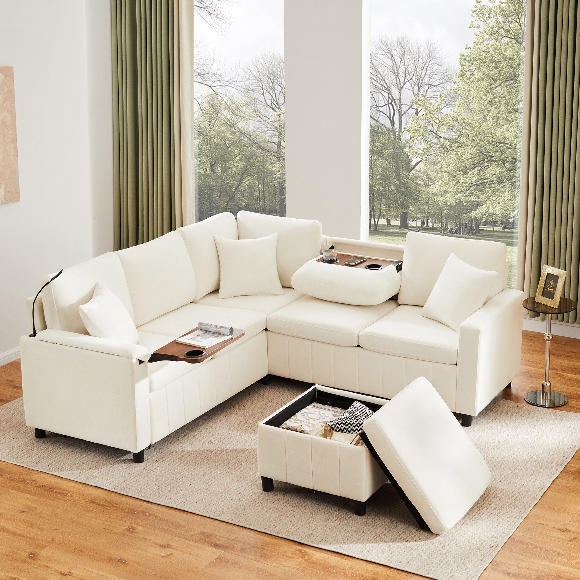 Odikalo Ecksofa Eckcouch mit Schlaffunktion Hocker & verstecktem Tisch, mit Leselampe, USB&Type-C, Ausklappbarer Couchtisch mit zwei Getränkehaltern, Grau,205×205×85CM