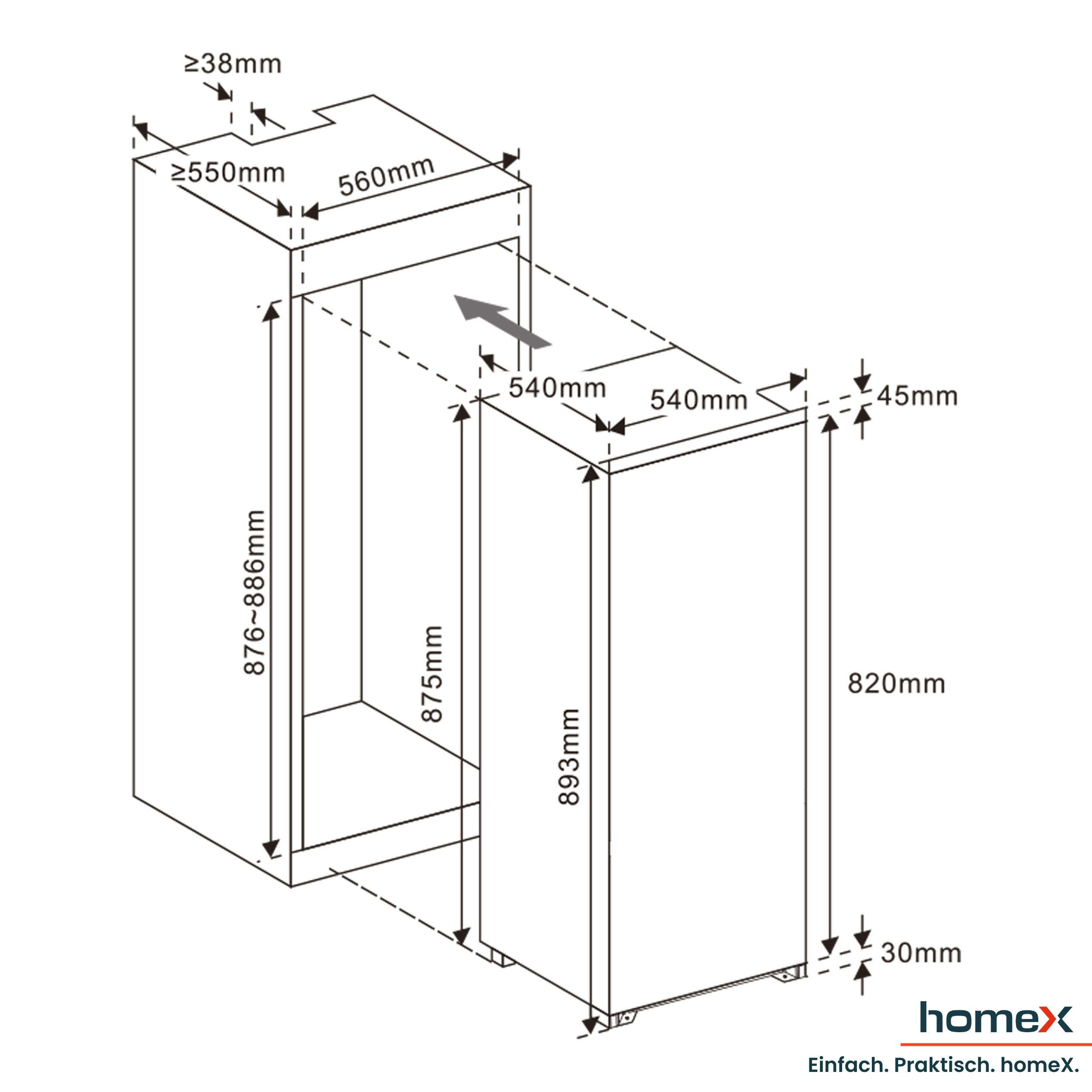 homeX Einbaukühlschrank CB1291E, 89 cm hoch, 54 cm breit, 129 Liter, ohne Gefrierfach, 88cm hoch, Schlepptürtechnik, leise 37 dB