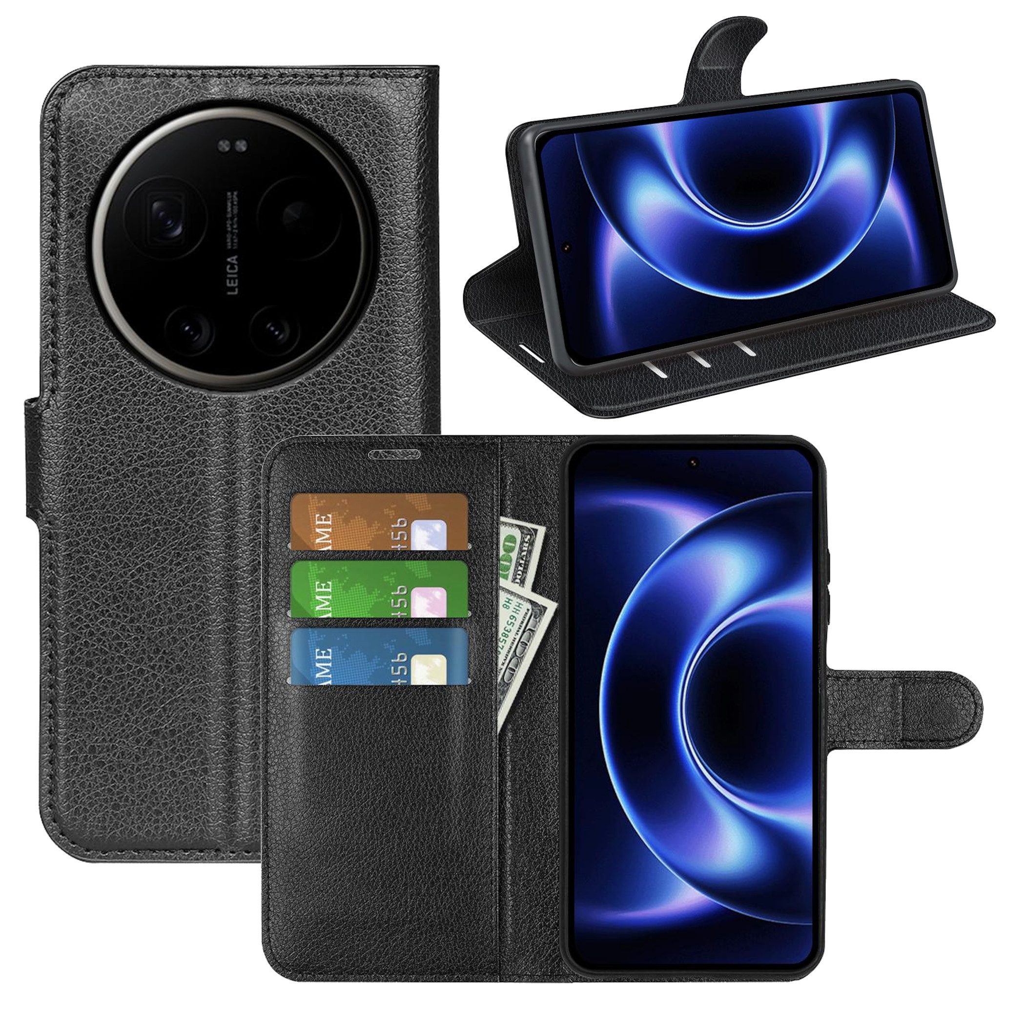 Wigento Handyhülle Klapphülle für Xiaomi 17 Ultra Kunstleder Book Wallet Schutz Schwarz 6,9 Zoll, Kunstleder Hülle mit Kartenfächern und Standfunktion