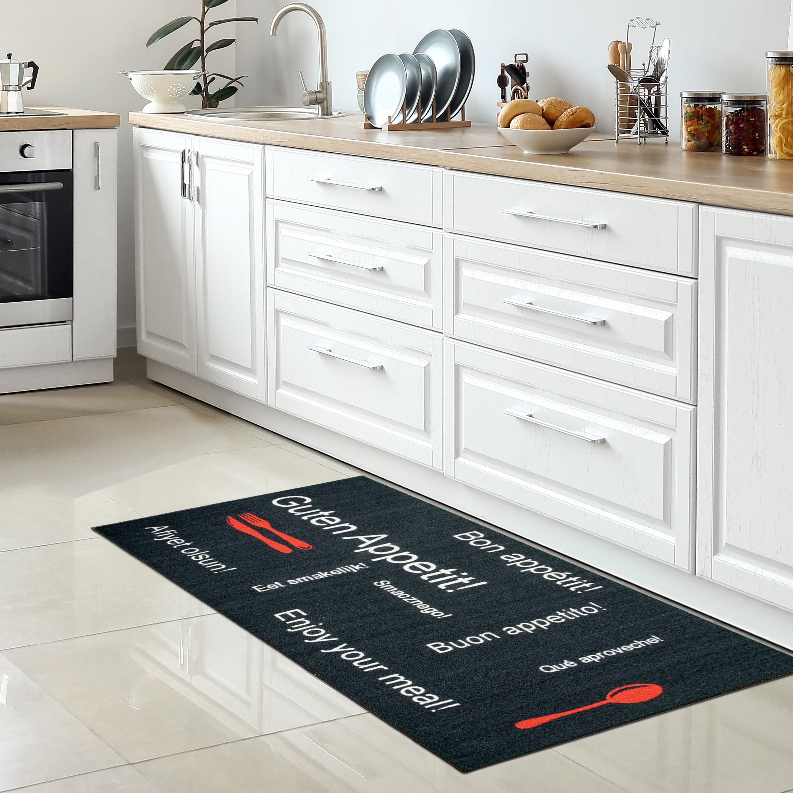 rechteckig, Höhe: und & Carpetia, Gelrücken Küchenläufer mit in Teppich 5 rotem schwarz Schriftzug, weiß mm