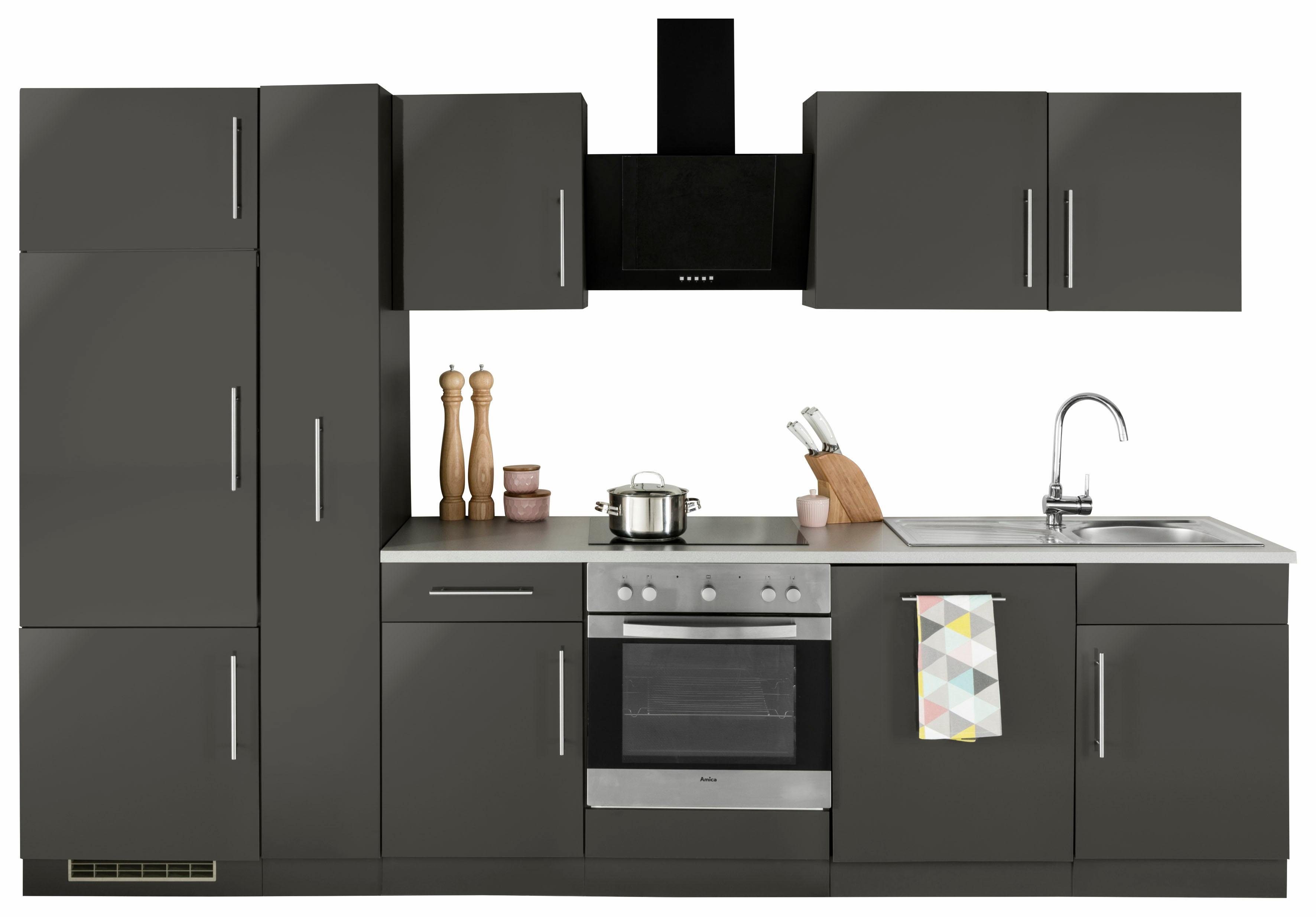 wiho Küchen Küchenzeile Cali, mit E-Geräten, Breite 310 cm Front: Anthrazit Glanz, Korpus: Anthrazit matt; Arbeitsplatte Playa Grau | Anthrazit